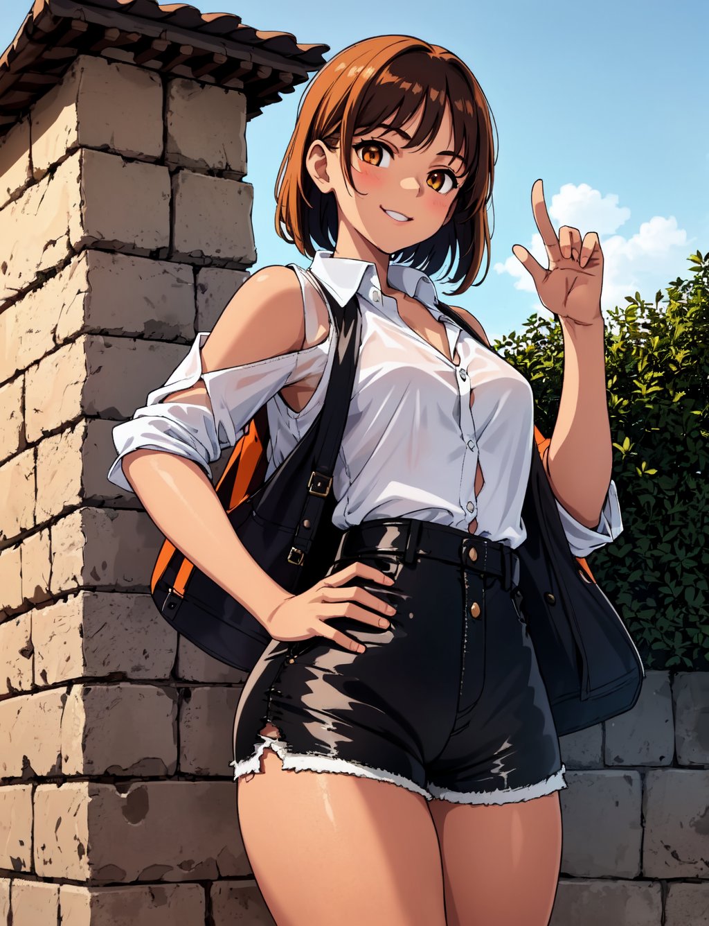 A young girl strikes a carefree pose on a worn, weathered stone wall, the rough texture contrasting with her smooth skin. She wears a casual button-up shirt and sleek leather shorts, exuding confidence in her laid-back attire. The setting sun casts a warm orange glow, illuminating her bright smile and sparkling eyes.,girl,back