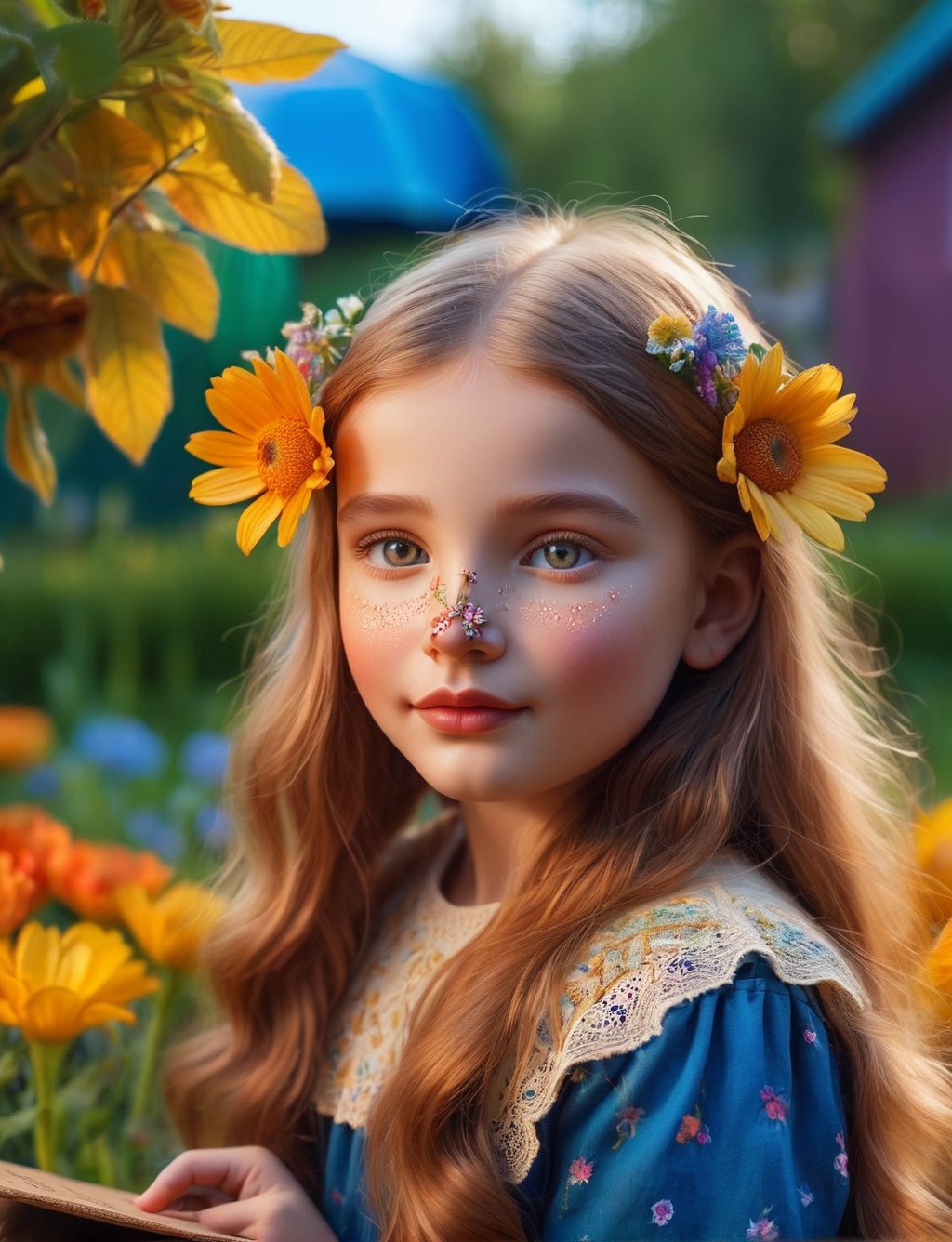  girl holding a sign that says "1 year tensor art", detailed portrait, detailed eyes, detailed nose, detailed lips, long hair, outdoor scene, sunlight, garden, flowers, colorful,