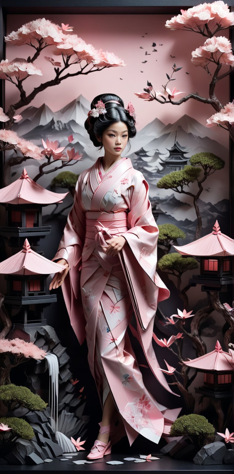 Origami geisha, diorama, Rococo-inspired, layered paper art, ethereal zen garden setting, blush pinks, Steve McCurry-like photographic sterling style influence, captured with 35mm lens, F/2.8 aperture, conveying character, sophistication, abundant detail, hyperrealism, dramatic lighting, ultra fine detail.