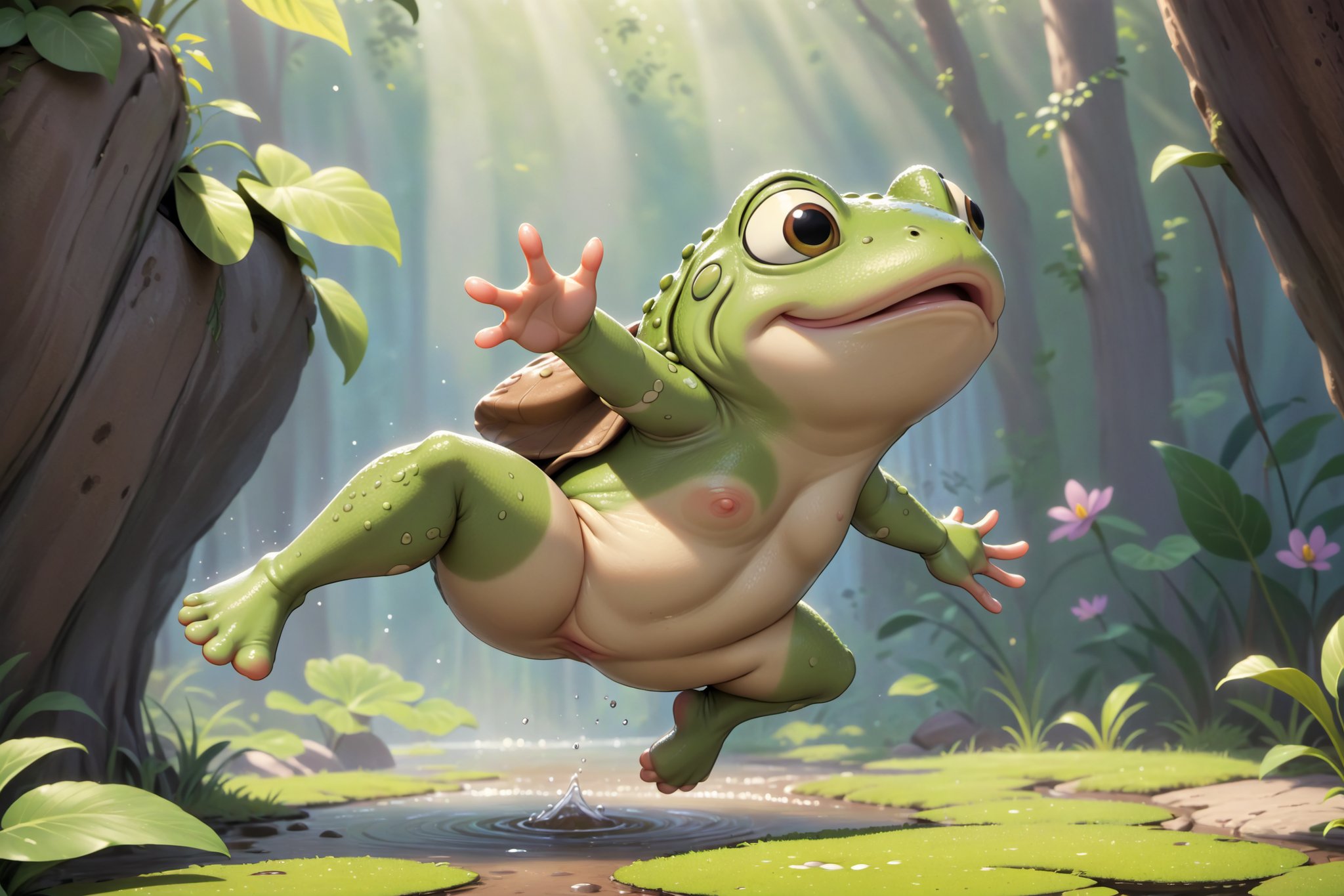 Create an adorable chibi-style illustration of a bullfrog jumping out of nowhere. The focus is on the back view of its body, wholesome The scene should convey a sense of surprise and whimsy, capturing the moment just as the bullfrog leaps into action,disney pixar style. BACK VIEW ONLY 