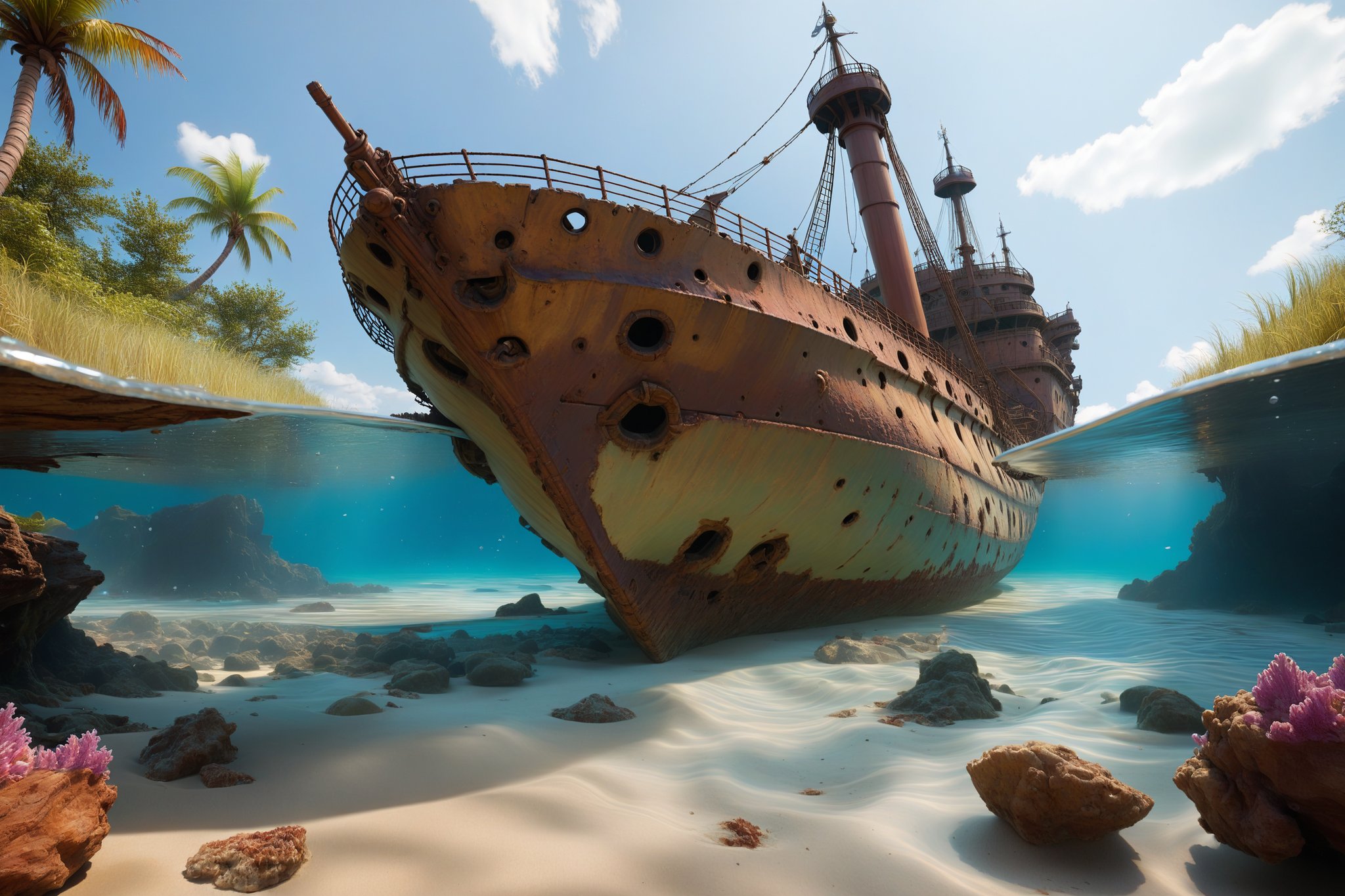 seashore with a view of an emerging lost ship from under water disney 