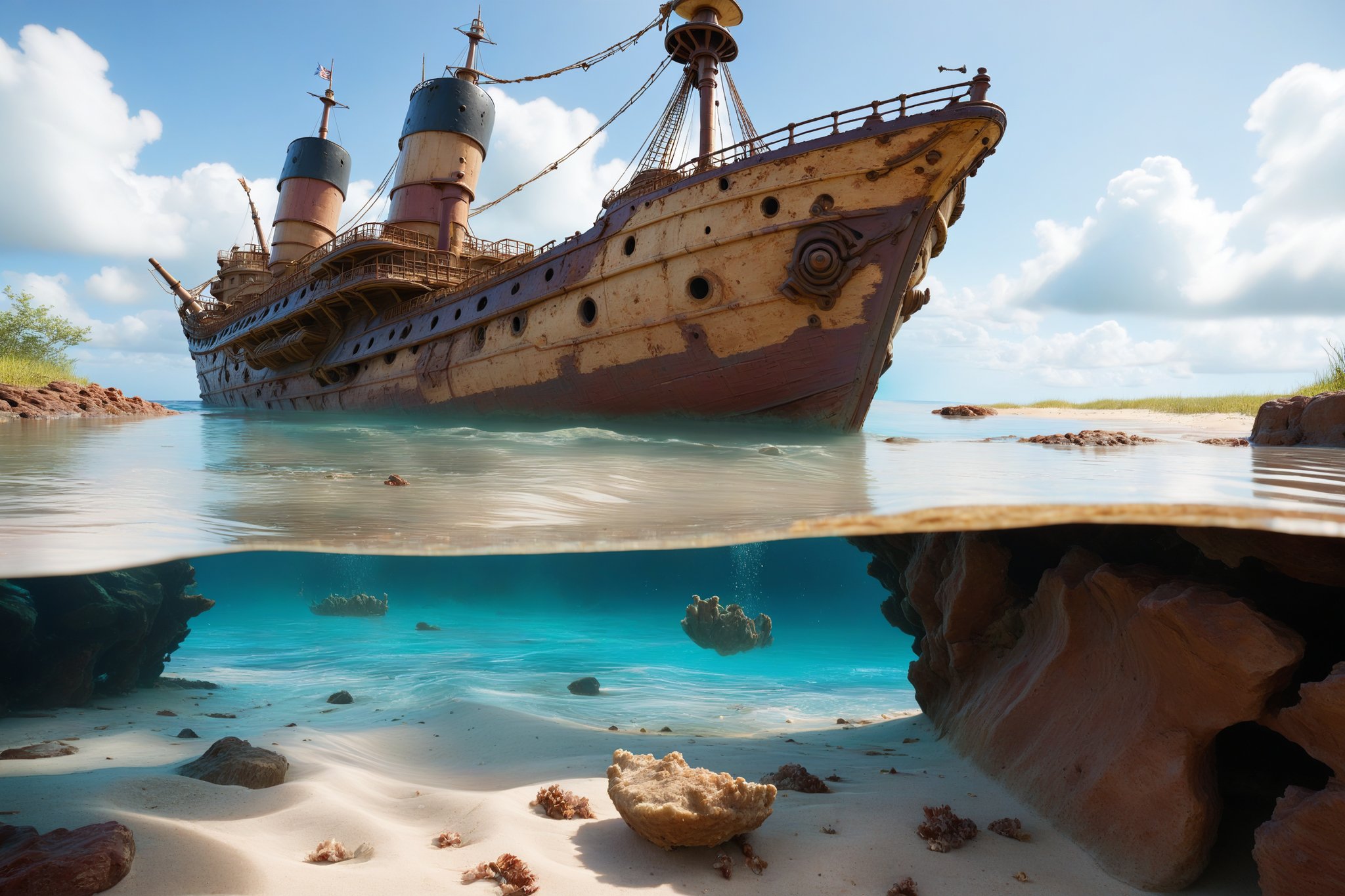 seashore with a view of an emerging lost ship from under water disney 