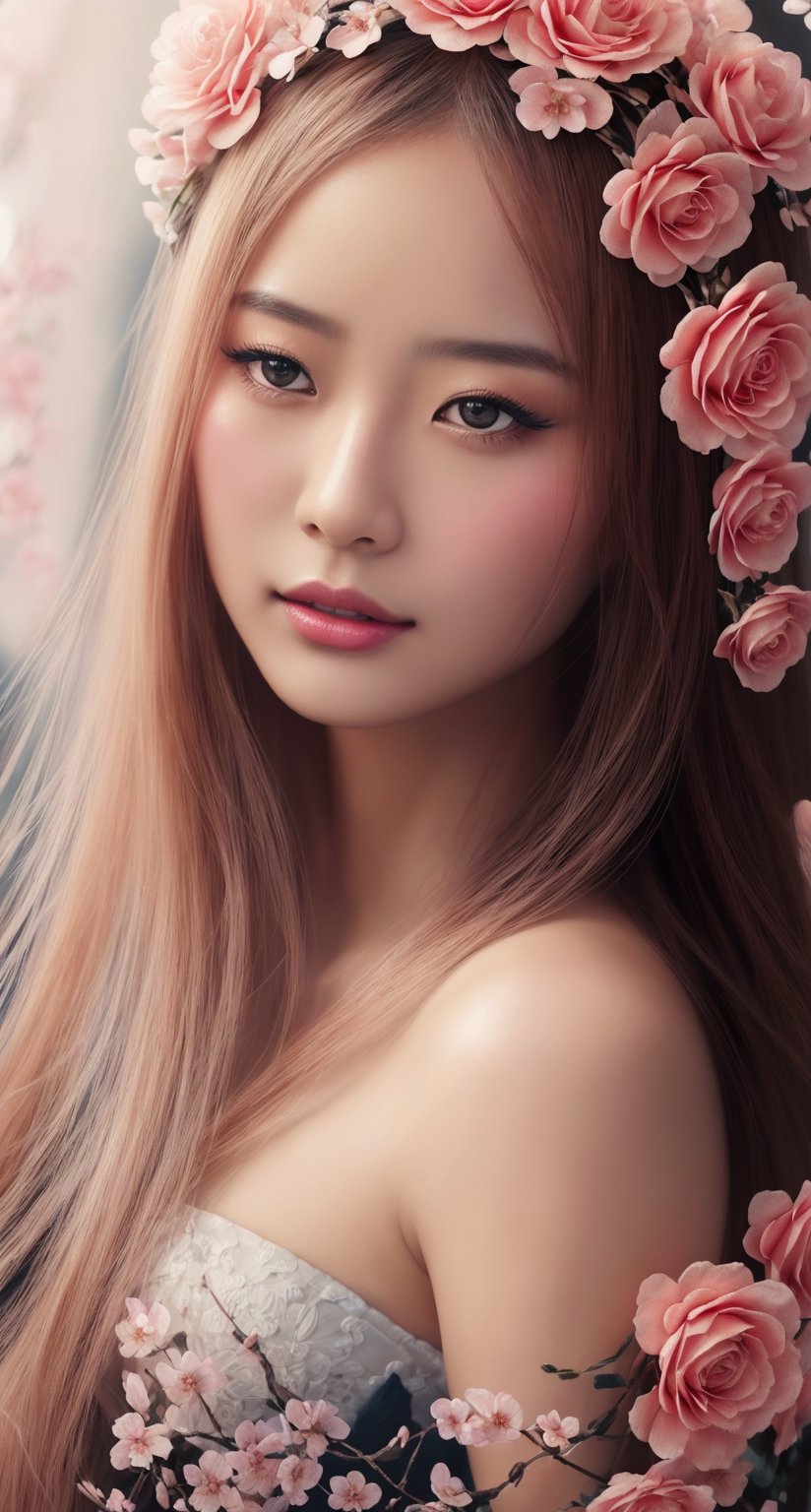 Image of a woman with flowers in her hair, chinese pretty young girl, elegant digital painting, beautiful gorgeous digital art, beautiful digital art, exquisite digital illustration, Beautiful digital illustration, detailed beautiful portrait, gorgeous digital art, beautiful portrait image, Beautiful illustrations, digital art portrait, lookover style, in digital illustration style, beautiful fantasy style portrait, beautiful digital artwork,photorealistic