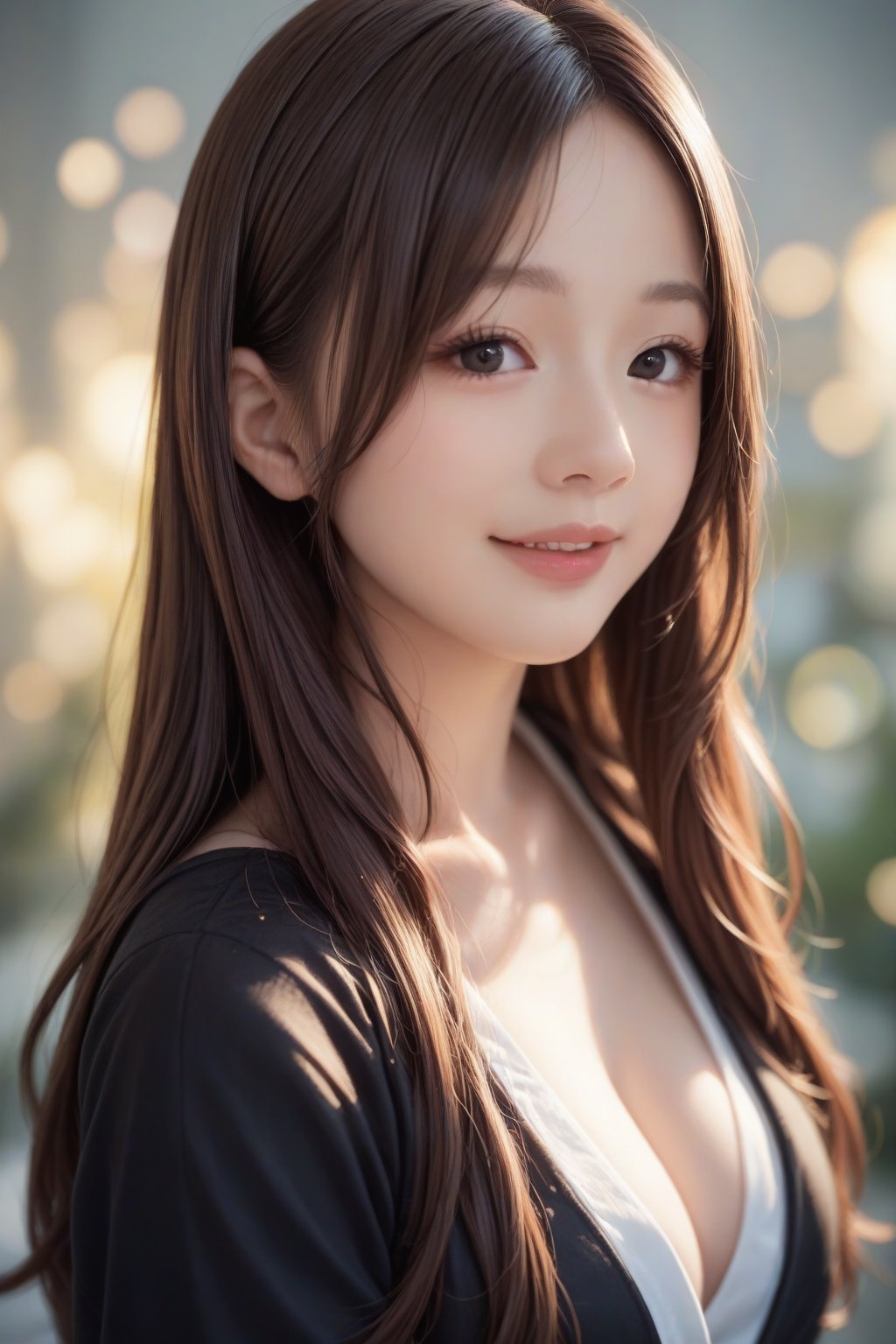 score_9, score_8_up, score_7_up, masterpiece, best quality, 
BREAK
1girl, solo, Japanese girl, Beauty, beautiful eyes, long eyelashes, black eyes, smile, long hair, brown hair, upper body, black eyes, lips, realistic, out of focus foreground and background, depth of field, soft bokeh, soft lighting bathes the body and face, 

