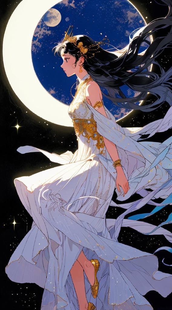 Chang'e, a celestial goddess, glides gracefully through the night sky, her silvery gown trailing behind her. Her radiant beauty illuminates the darkness, creating a mesmerizing tableau. This stunningly detailed painting captures every aspect of her ethereal presence: her flowing hair shimmering like stardust, her delicate features bathed in an otherworldly glow. The artist's skill is evident in the intricate brushwork and vivid colors that bring this mythical scene to life. This masterpiece is a testament to the enduring allure of ancient legends and the power of artistic imagination.