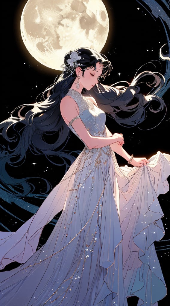 Chang'e, a celestial goddess, glides gracefully through the night sky, her silvery gown trailing behind her. Her radiant beauty illuminates the darkness, creating a mesmerizing tableau. This stunningly detailed painting captures every aspect of her ethereal presence: her flowing hair shimmering like stardust, her delicate features bathed in an otherworldly glow. The artist's skill is evident in the intricate brushwork and vivid colors that bring this mythical scene to life. This masterpiece is a testament to the enduring allure of ancient legends and the power of artistic imagination.