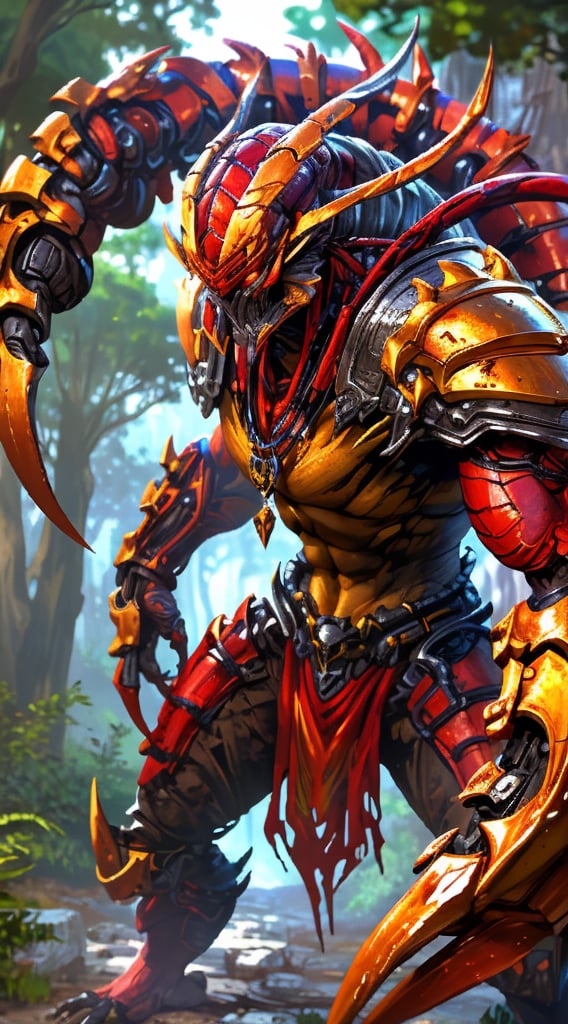 A majestically imposing Scorpion King, his armored exoskeleton glistening in the sunlight, claws poised for battle, and ruby-red eyes radiating authority. This breathtaking depiction, whether in a digital painting or a detailed sculpture, showcases the King's powerful presence with intricate details like shimmering metallic textures and intricate patterns on his tail. The craftsmanship and vivid imagery of this portrayal truly bring the Scorpion King to life in striking realism.