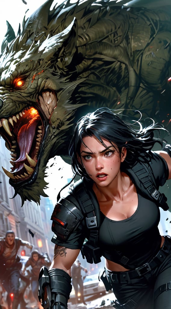 In a post-apocalyptic world, a strikingly handsome young man in sleek black body armor and a determined college girl flee from a horde of grotesque mutated beasts. The scene is captured in a high-quality digital painting, showcasing the intense action and urgent sense of danger. The man's chiseled features are highlighted by the harsh lighting, and the girl's expression conveys a mix of fear and resilience. The detailed depiction of the mutated beasts adds a chillingly realistic touch to the thrilling narrative unfolding before the viewers' eyes.