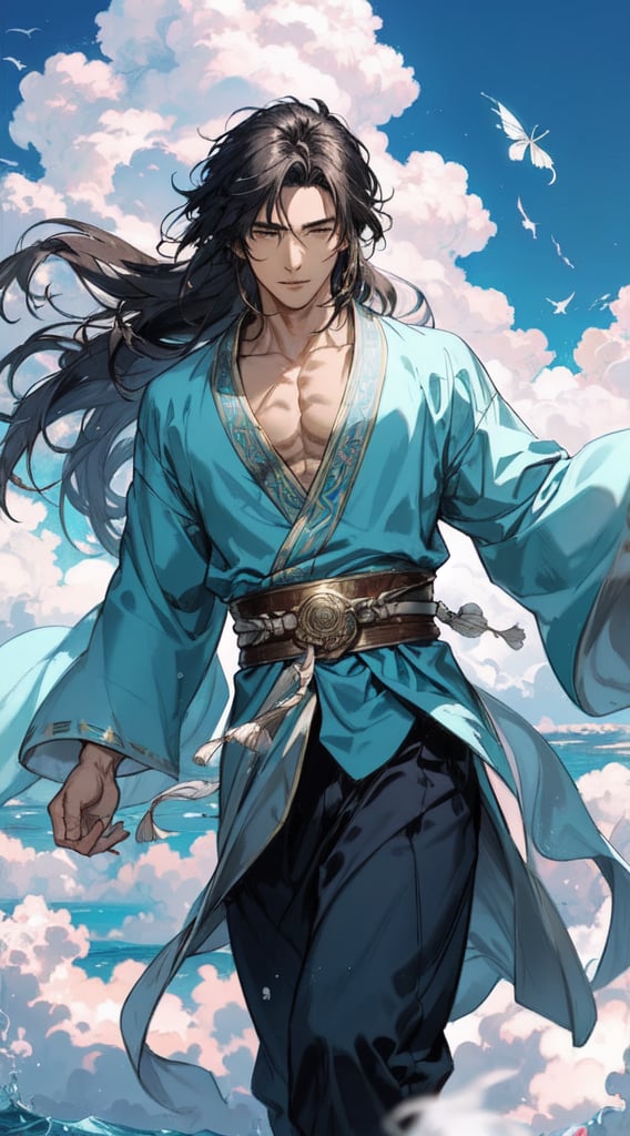 A young male god wearing a light blue ancient robe is standing in the sea of ​​clouds, with fluttering clothes and long hair dancing in the wind.