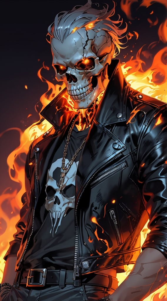 A flaming skull wearing a black leather jacket