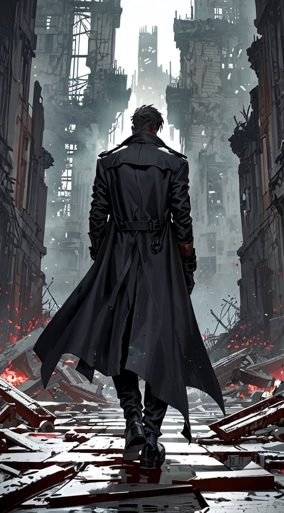 Under the hazy sky, a tall and straight male figure wearing a long black trench coat stood alone on the top of the ruins, with his back to the camera. The strong wind blew up his long trench coat. He looked at the post-apocalyptic cyberpunk city from a distance.