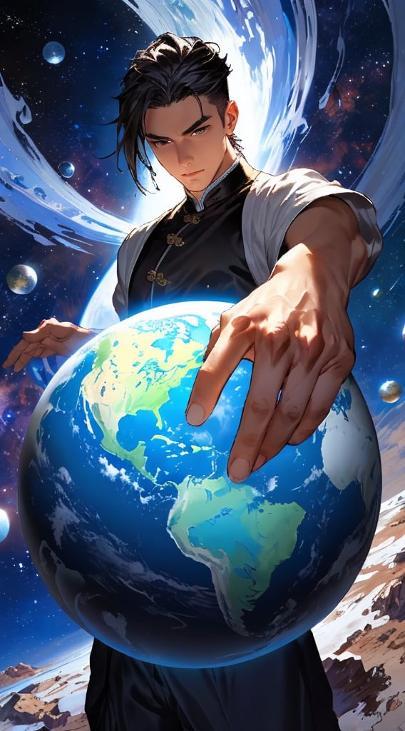 The gigantic figure of a young and handsome ancient Chinese man stands in the space, with his fingers spread out and grasping the blue earth. In comparison, the Earth looks like a tiny marble.