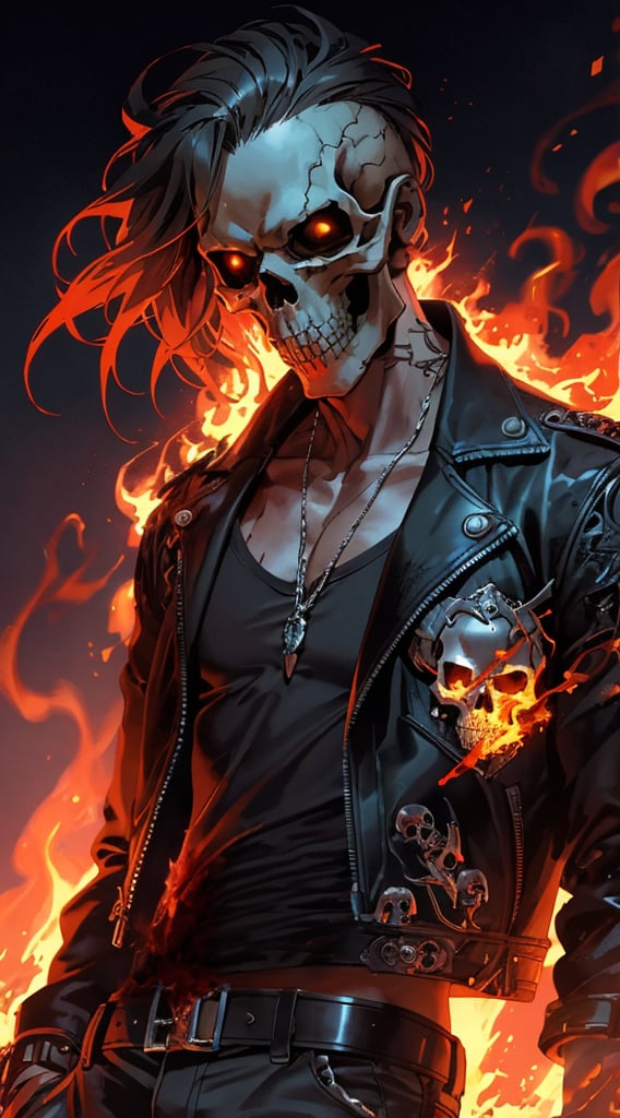 A flaming skull wearing a black leather jacket