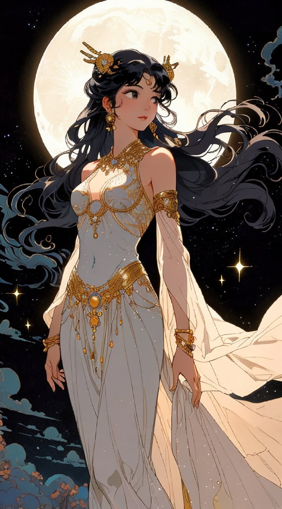 Chang'e, a celestial goddess, glides gracefully through the night sky, her silvery gown trailing behind her. Her radiant beauty illuminates the darkness, creating a mesmerizing tableau. This stunningly detailed painting captures every aspect of her ethereal presence: her flowing hair shimmering like stardust, her delicate features bathed in an otherworldly glow. The artist's skill is evident in the intricate brushwork and vivid colors that bring this mythical scene to life. This masterpiece is a testament to the enduring allure of ancient legends and the power of artistic imagination.