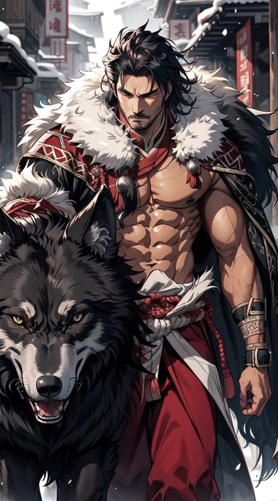 A tall and powerful man from the ancient Chinese nomadic tribe wearing furs and cloaks, accompanied by a huge black wolf.