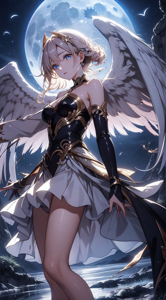 a female angel flies in the moonlight. clear face and eyes.