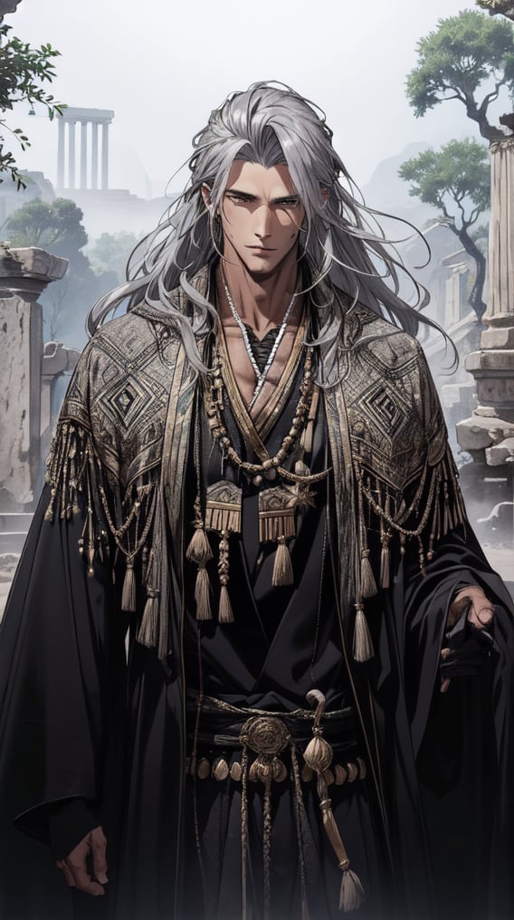 A handsome man in ancient costume wearing a black ancient robe with gray hair. very handsomw