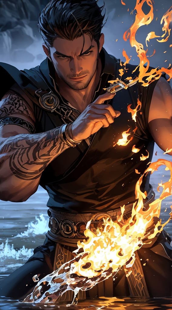 A handsome and powerful man who manipulates fire while standing in a river