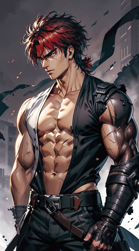 A dashingly determined Fist of the North Star warrior, his muscular form emanating strength and power: rippling muscles under taut skin, a piercing gaze burning with determination, and hair flowing like a fierce flame in the wind. This vivid depiction captures the essence of a post-apocalyptic hero in a digital painting, showcasing intricate details and vibrant colors that showcase the high level of artistry and skill. Each stroke of the artist's brush expertly conveys the intensity and resilience of this iconic character, drawing viewers into the epic saga of survival and justice.