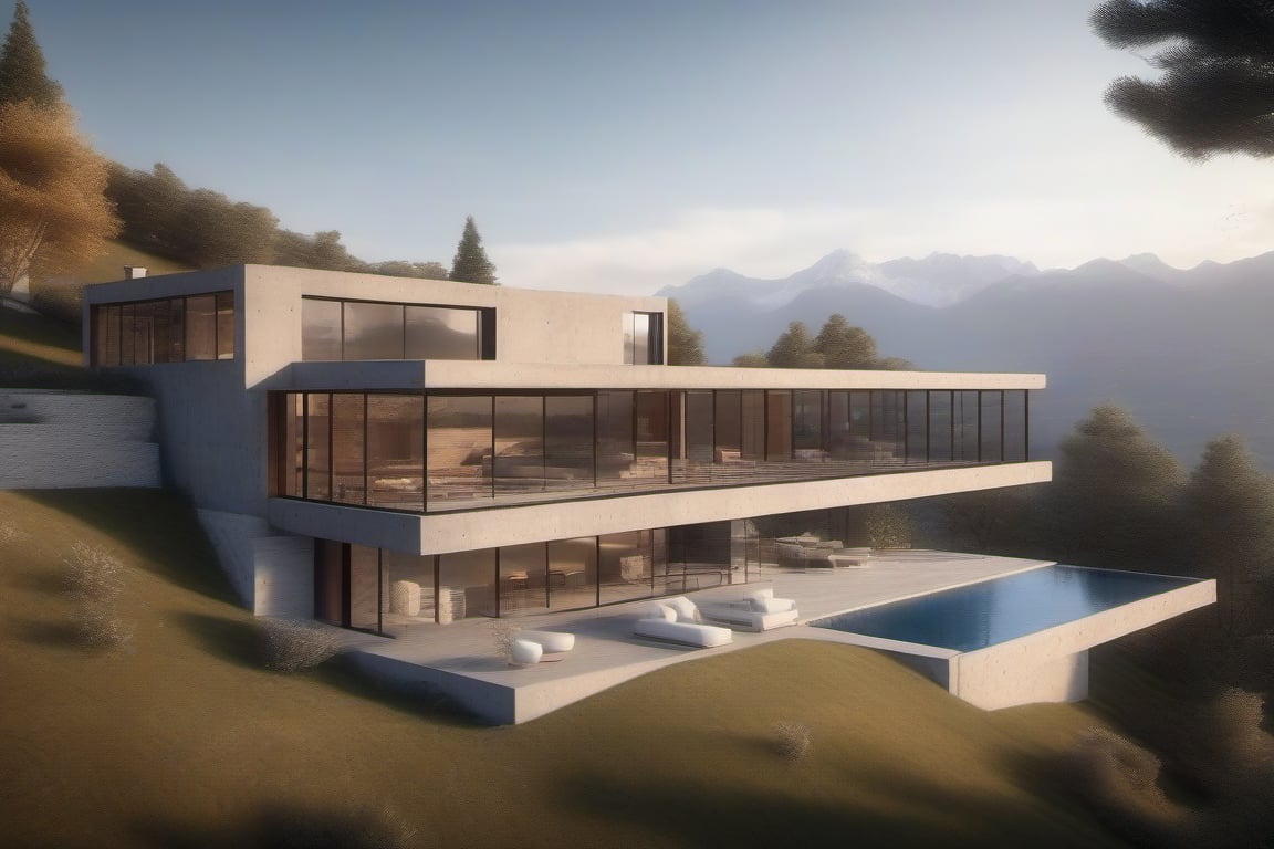 Luxurious and modernist big  house styled in concrete and glass at the top of a mountain, on background. (with incredible views of the valley). realistic rendering 