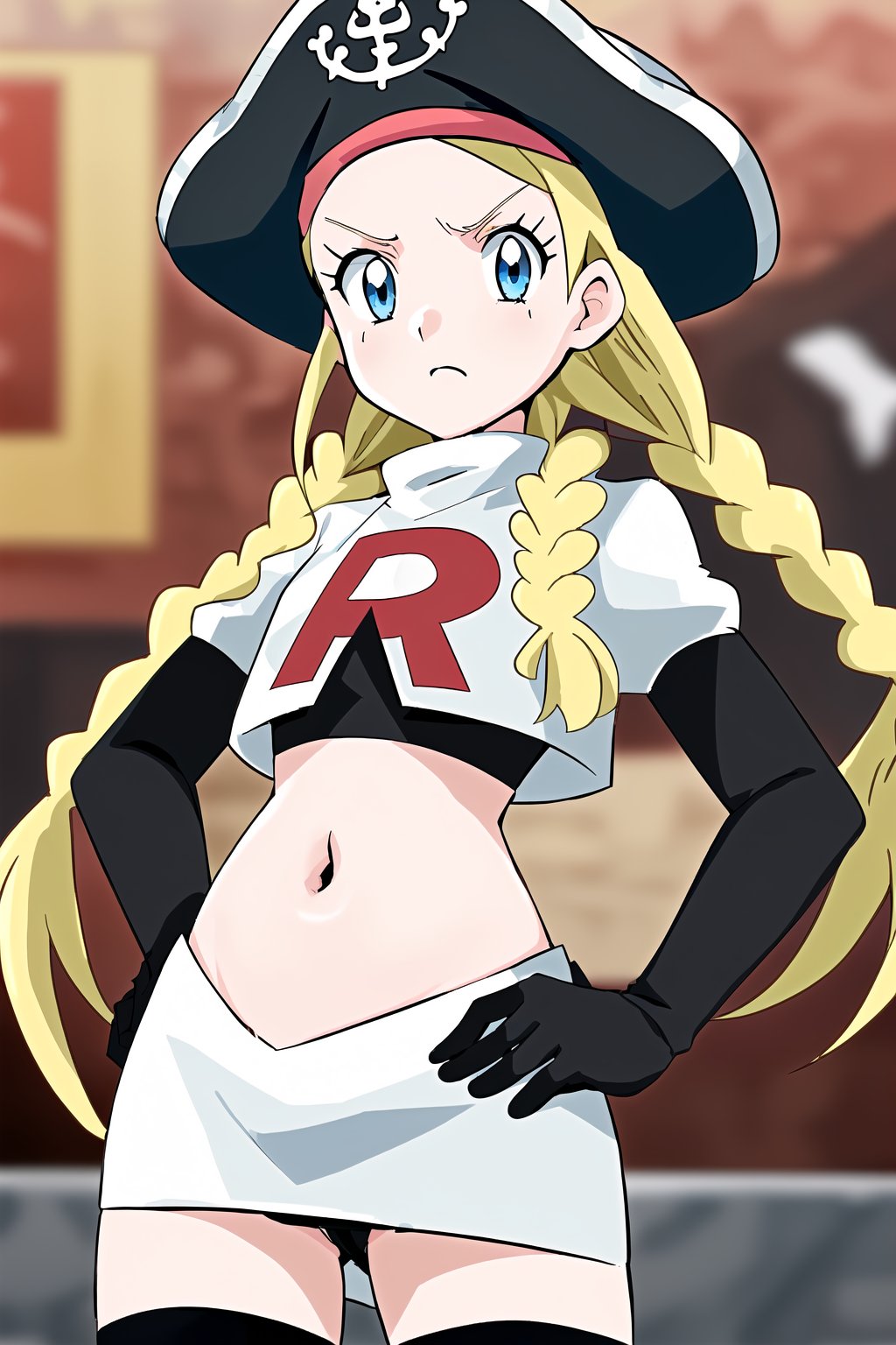 Team Rocket, cropped jacket, white jacket, crop top, jacket, gloves, black gloves, elbow gloves, navel, midriff, white skirt, miniskirt, skirt, black thighhighs, looking down at viewer,(intricately detailed, hyperdetailed), blurry background,depth of field, best quality, masterpiece, intricate details, tonemapping, sharp focus, hyper detailed, trending on Artstation,1 girl, high res, official art,hands on hips,glaring angrily,black panties,anime style,Patty Fleur,blonde hair, twin braids, blue eyes, young, child, pirate hat