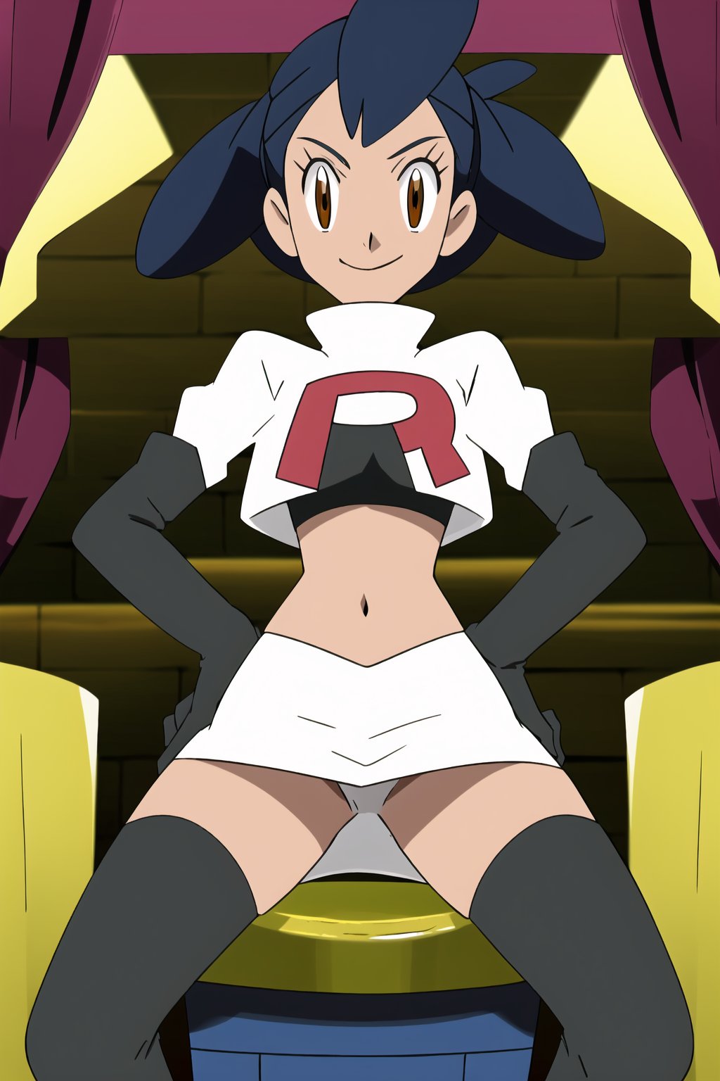 Team Rocket, cropped jacket, white jacket, crop top, jacket, gloves, black gloves, elbow gloves, navel, midriff, white skirt, miniskirt, skirt, 
black thighhighs,looking down at viewer, (intricately detailed, hyperdetailed), blurry background,depth of field, best quality, masterpiece, intricate details, tonemapping, sharp focus, hyper detailed, trending on Artstation,1 girl, high res, official art,hands on hips,seductie smile,spread legs,black panites,sitting on toilet,aairis,brown eyes