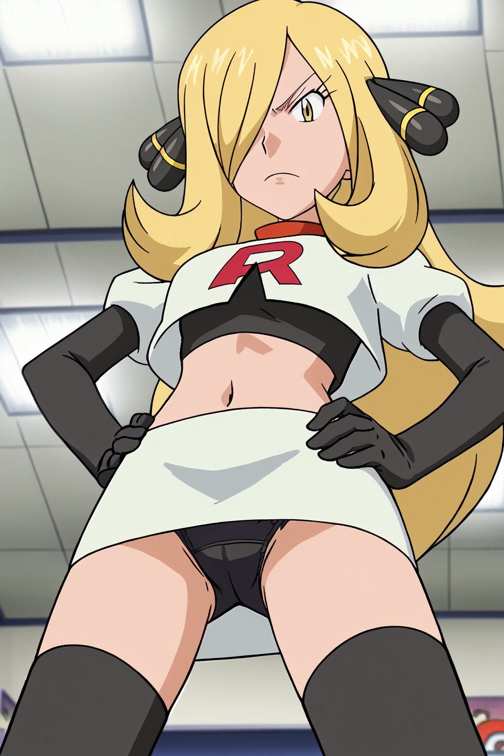 Team Rocket, cropped jacket, white jacket, crop top, jacket, gloves, black gloves, elbow gloves, navel, midriff, white skirt, miniskirt, skirt, black thighhighs,zettai ryouiki,looking down at viewer,(intricately detailed, hyperdetailed), blurry background,depth of field, best quality, masterpiece, intricate details, tonemapping, sharp focus, hyper detailed, trending on Artstation,1 girl, high res, official art,hands on hips,glaring angrily,spread legs,black panties,POKEMONSTYLE,POKEMON \(ANIME\),POKEMON \(CLASSIC ANIME\,POKEMON \(CLASSIC ANIME\),source_anime, anime screencap,viewed_from_below,BLONDE HAIR,POKEMONCYNTHIA,HAIR ORNAMENT, HAIR OVER ONE EYE, LONG HAIR, YELLOW EYES,