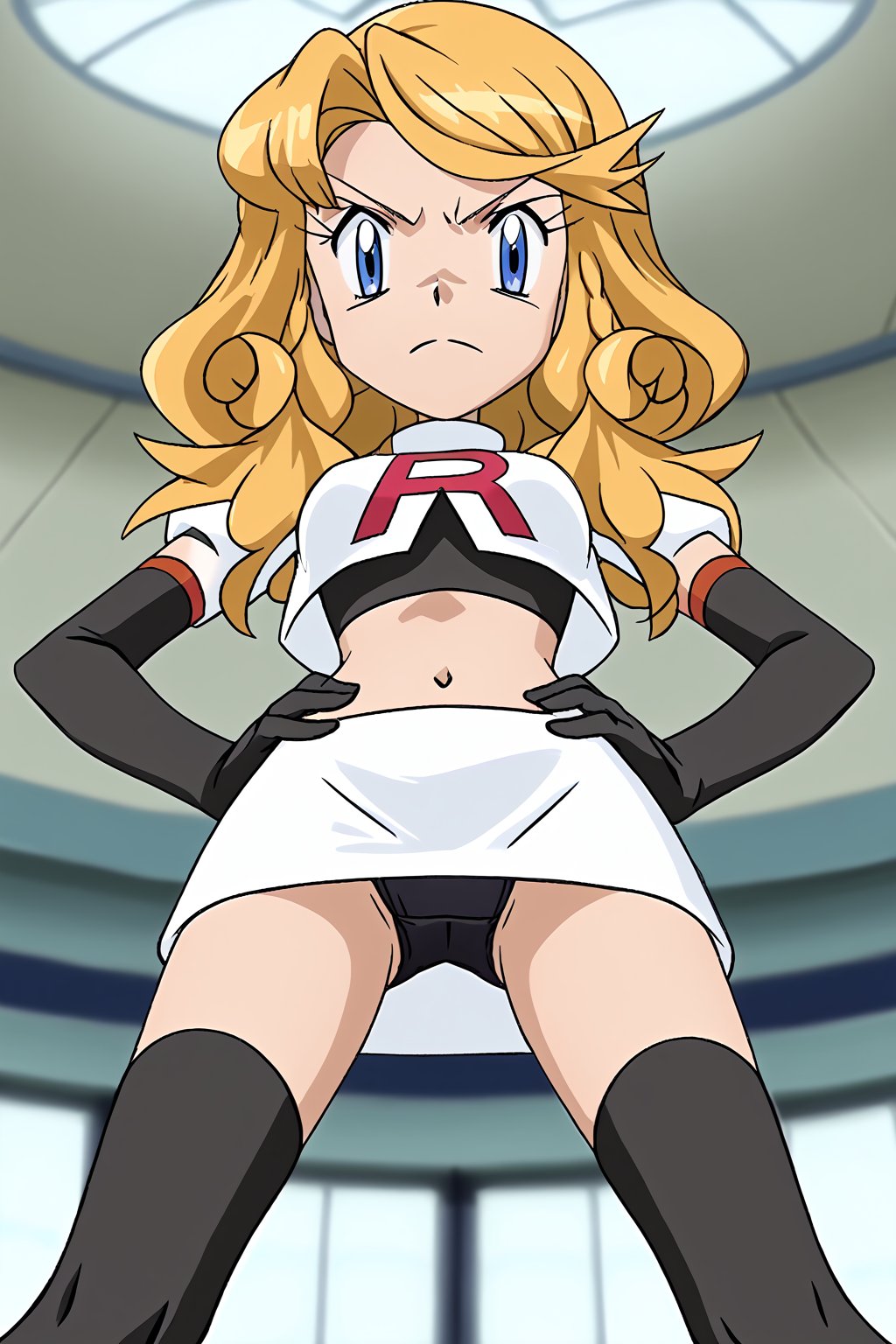 Team Rocket, cropped jacket, white jacket, crop top, jacket, gloves, black gloves, elbow gloves, navel, midriff, white skirt, miniskirt, skirt, black thighhighs,zettai ryouiki,looking down at viewer,(intricately detailed, hyperdetailed), blurry background,depth of field, best quality, masterpiece, intricate details, tonemapping, sharp focus, hyper detailed, trending on Artstation,1 girl, high res, official art,hands on hips,glaring angrily,spread legs,black panties,POKEMONSTYLE,POKEMON \(ANIME\),POKEMON \(CLASSIC ANIME\,POKEMON \(CLASSIC ANIME\),source_anime, anime screencap,viewed_from_below, xdubeatrice