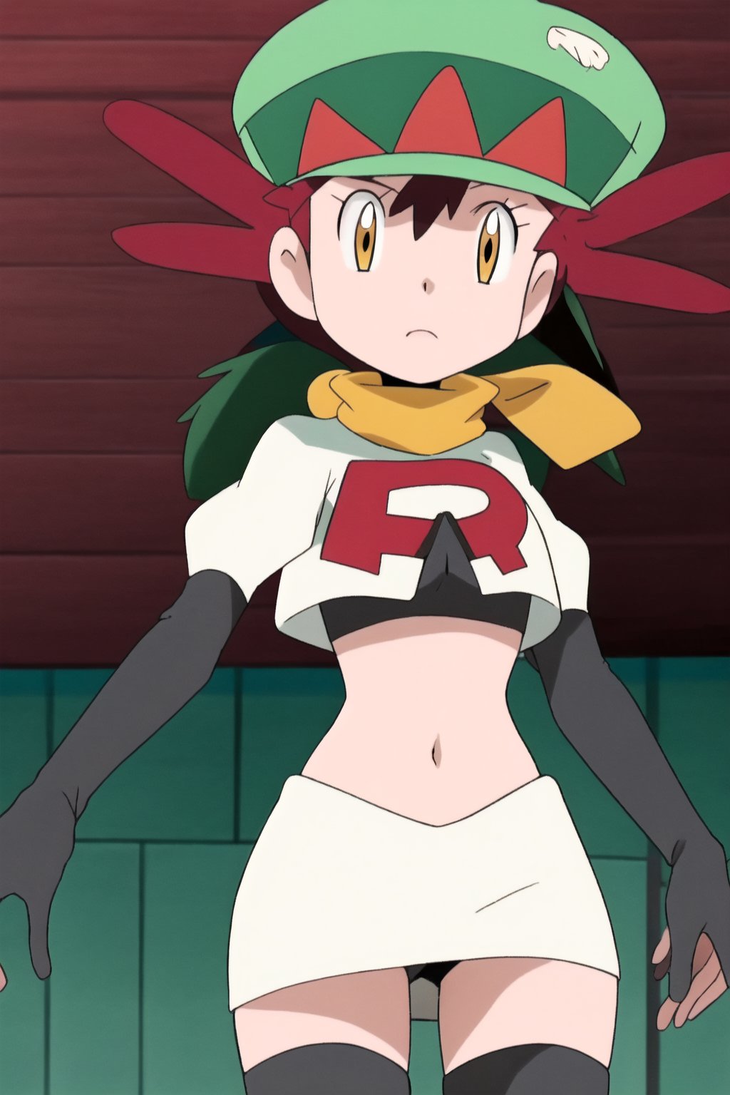 Team Rocket, cropped jacket, white jacket, crop top, jacket, gloves, black gloves, elbow gloves, navel, midriff, white skirt, miniskirt, skirt, black thighhighs, looking down at viewer,(intricately detailed, hyperdetailed), blurry background,depth of field, best quality, masterpiece, intricate details, tonemapping, sharp focus, hyper detailed, trending on Artstation,1 girl, high res, official art,hands on hps,black panties,MairinXL, 1girl, solo, hat, scarf, eyelashes, green headwear, official style, anime coloring,mairin_(pokemon)