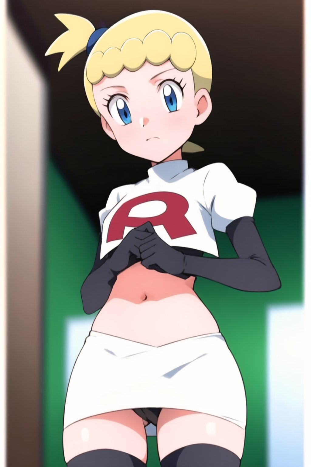 Team Rocket, cropped jacket, white jacket, crop top, jacket, gloves, black gloves, elbow gloves, navel, midriff, white skirt, miniskirt, skirt, black thighhighs, looking down at viewer,(intricately detailed, hyperdetailed), blurry background,depth of field, best quality, masterpiece, intricate details, tonemapping, sharp focus, hyper detailed, trending on Artstation,1 girl, high res, official art,hands on hps,black panties,Bonnie,1girl,bonnie,short hair,BLONDE,side ponytail,blue eyes,eyelashes,blue e