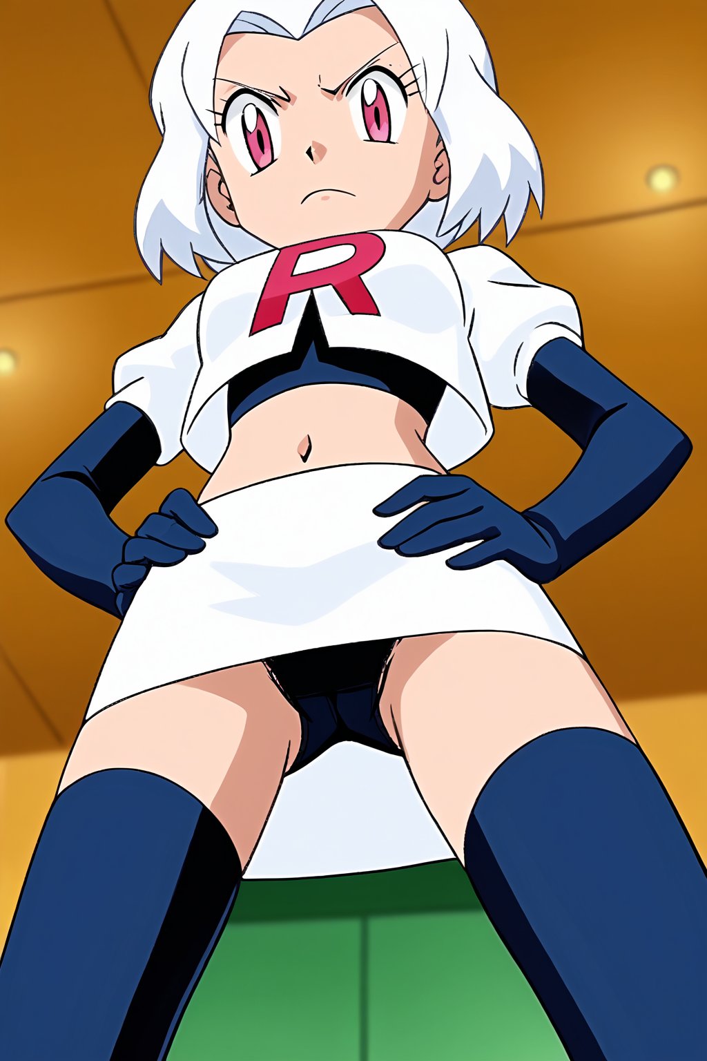 Team Rocket, cropped jacket, white jacket, crop top, jacket, gloves, black gloves, elbow gloves, navel, midriff, white skirt, miniskirt, skirt, black thighhighs,zettai ryouiki,looking down at viewer,(intricately detailed, hyperdetailed), blurry background,depth of field, best quality, masterpiece, intricate details, tonemapping, sharp focus, hyper detailed, trending on Artstation,1 girl, high res, official art,hands on hips,glaring angrily,spread legs,black panties,POKEMONSTYLE,POKEMON \(ANIME\),POKEMON \(CLASSIC ANIME\,POKEMON \(CLASSIC ANIME\),source_anime, anime screencap,viewed_from_below,lysitheauniform,white hair,pink eyes