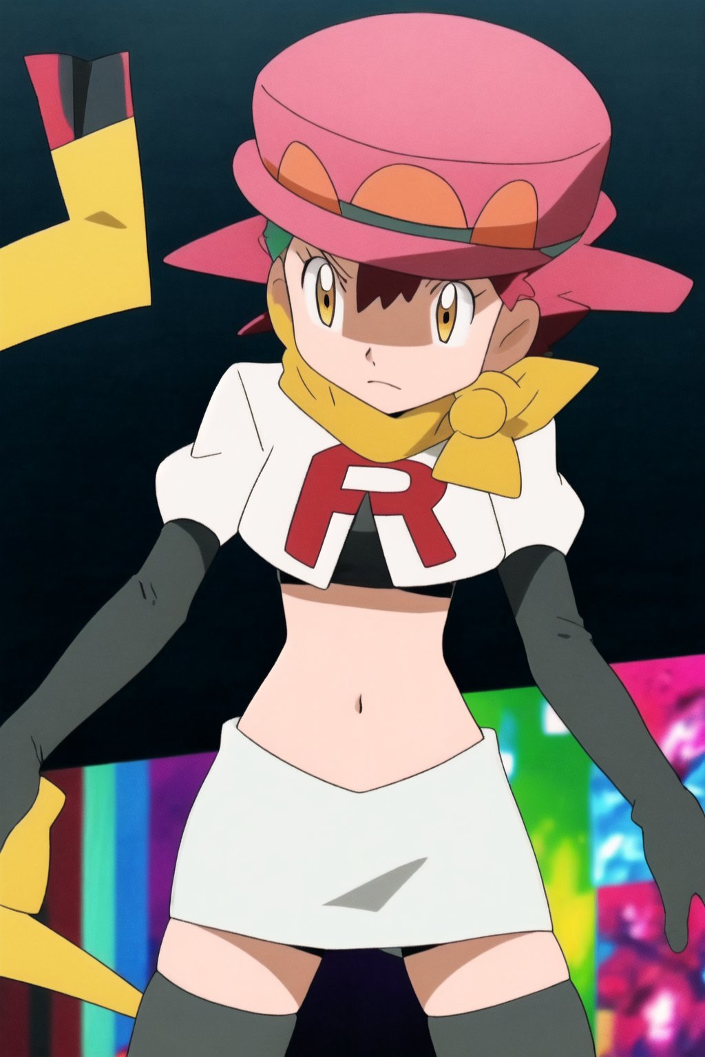 Team Rocket, cropped jacket, white jacket, crop top, jacket, gloves, black gloves, elbow gloves, navel, midriff, white skirt, miniskirt, skirt, black thighhighs, looking down at viewer,(intricately detailed, hyperdetailed), blurry background,depth of field, best quality, masterpiece, intricate details, tonemapping, sharp focus, hyper detailed, trending on Artstation,1 girl, high res, official art,hands on hps,black panties,MairinXL, 1girl, solo, hat, scarf, eyelashes, green headwear, official style, anime coloring,mairin_(pokemon)