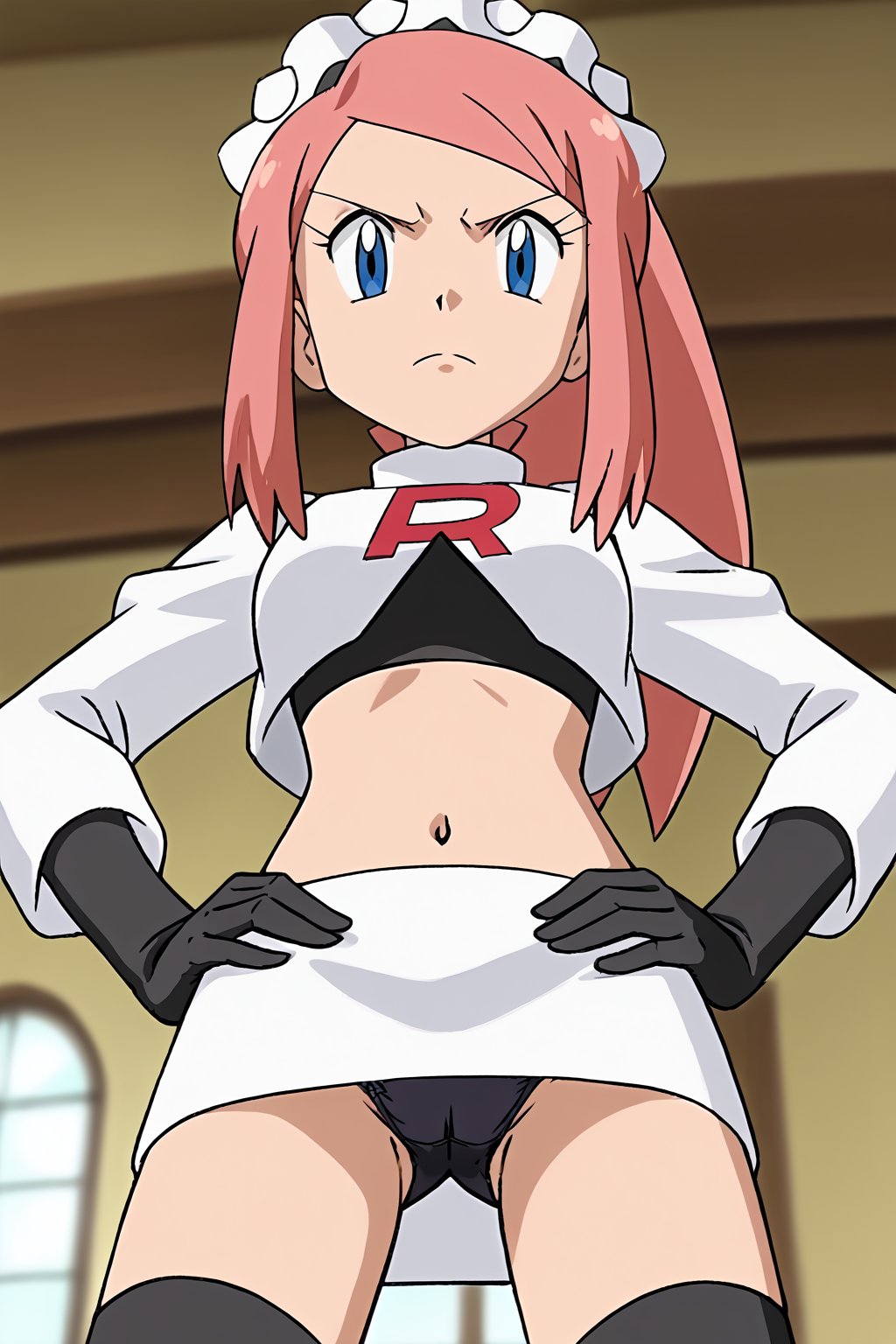 Team Rocket, cropped jacket, white jacket, crop top, jacket, gloves, black gloves, elbow gloves, navel, midriff, white skirt, miniskirt, skirt, black thighhighs,zettai ryouiki,looking down at viewer,(intricately detailed, hyperdetailed), blurry background,depth of field, best quality, masterpiece, intricate details, tonemapping, sharp focus, hyper detailed, trending on Artstation,1 girl, high res, official art,hands on hips,glaring angrily,spread legs,black panties,POKEMONSTYLE,POKEMON \(ANIME\),POKEMON \(CLASSIC ANIME\,POKEMON \(CLASSIC ANIME\),source_anime, anime screencap,viewed_from_below,flcdf, blue eyes, pink hair, long hair, ponytail, maid headdress