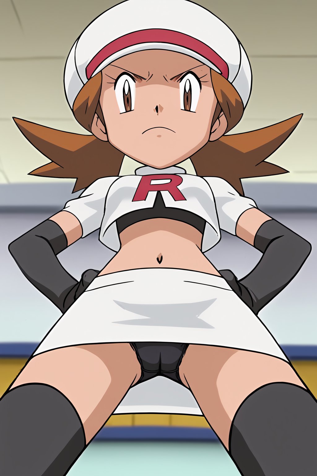 Team Rocket, cropped jacket, white jacket, crop top, jacket, gloves, black gloves, elbow gloves, navel, midriff, white skirt, miniskirt, skirt, black thighhighs,zettai ryouiki,looking down at viewer,(intricately detailed, hyperdetailed), blurry background,depth of field, best quality, masterpiece, intricate details, tonemapping, sharp focus, hyper detailed, trending on Artstation,1 girl, high res, official art,hands on hips,glaring angrily,spread legs,black panties,POKEMONSTYLE,POKEMON \(ANIME\),POKEMON \(CLASSIC ANIME\,POKEMON \(CLASSIC ANIME\),source_anime, anime screencap,viewed_from_below,lyraanimeXL,white headwear,red bow