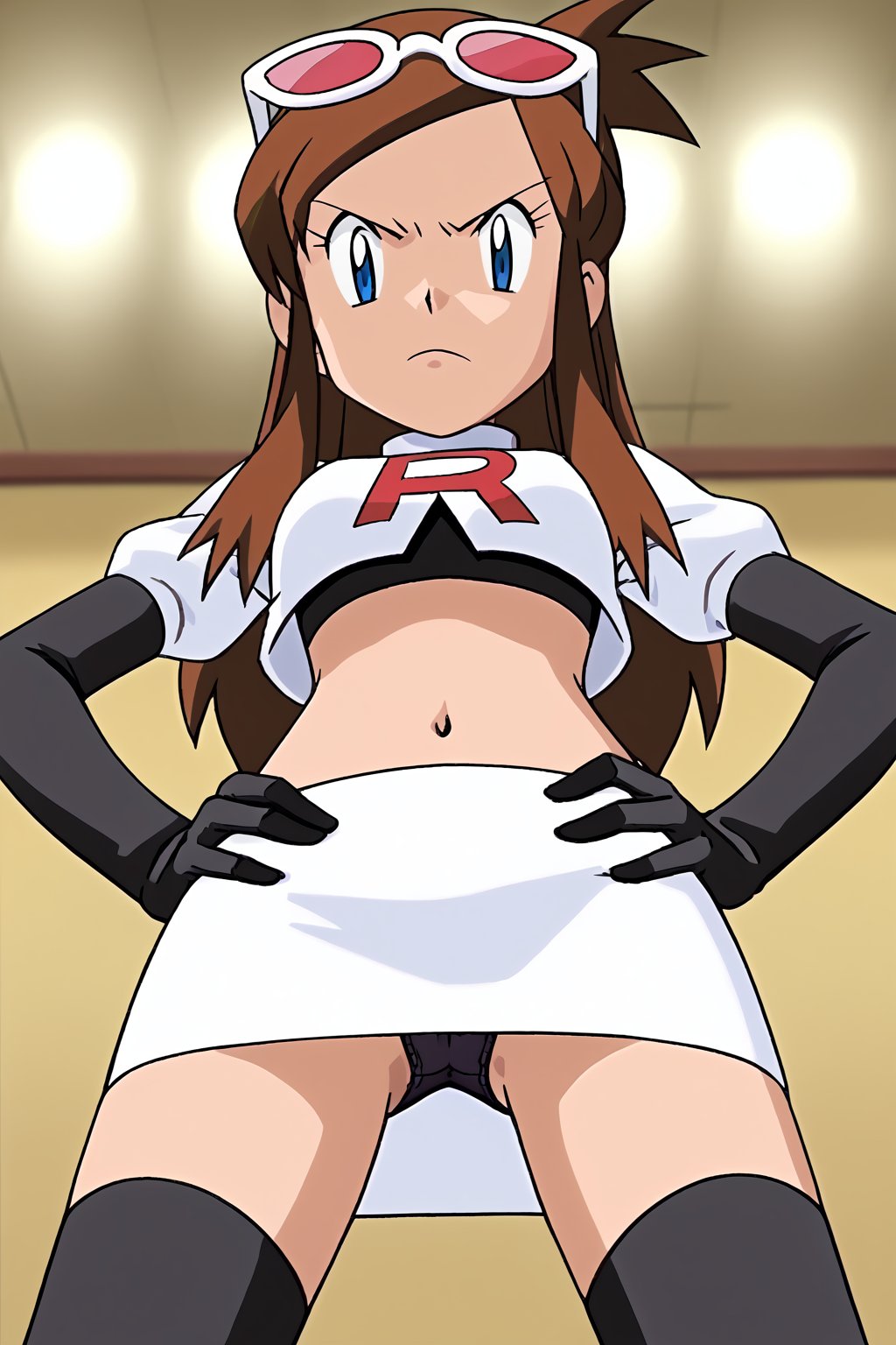 Team Rocket, cropped jacket, white jacket, crop top, jacket, gloves, black gloves, elbow gloves, navel, midriff, white skirt, miniskirt, skirt, black thighhighs,zettai ryouiki,looking down at viewer,(intricately detailed, hyperdetailed), blurry background,depth of field, best quality, masterpiece, intricate details, tonemapping, sharp focus, hyper detailed, trending on Artstation,1 girl, high res, official art,hands on hips,glaring angrily,spread legs,black panties,POKEMONSTYLE,POKEMON \(ANIME\),POKEMON \(CLASSIC ANIME\,POKEMON \(CLASSIC ANIME\),source_anime, anime screencap,viewed_from_below,ema skye, half updo,sunglasses, eyewear on head,brown hair