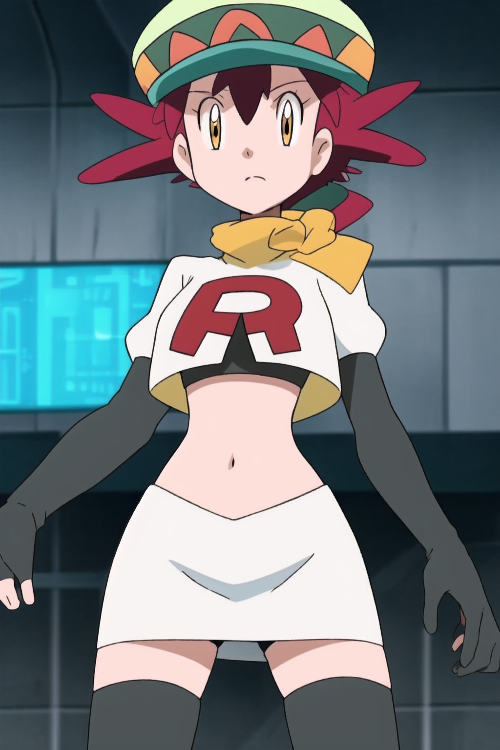 Team Rocket, cropped jacket, white jacket, crop top, jacket, gloves, black gloves, elbow gloves, navel, midriff, white skirt, miniskirt, skirt, black thighhighs, looking down at viewer,(intricately detailed, hyperdetailed), blurry background,depth of field, best quality, masterpiece, intricate details, tonemapping, sharp focus, hyper detailed, trending on Artstation,1 girl, high res, official art,hands on hps,black panties,MairinXL, 1girl, solo, hat, scarf, eyelashes, green headwear, official style, anime coloring,mairin_(pokemon)