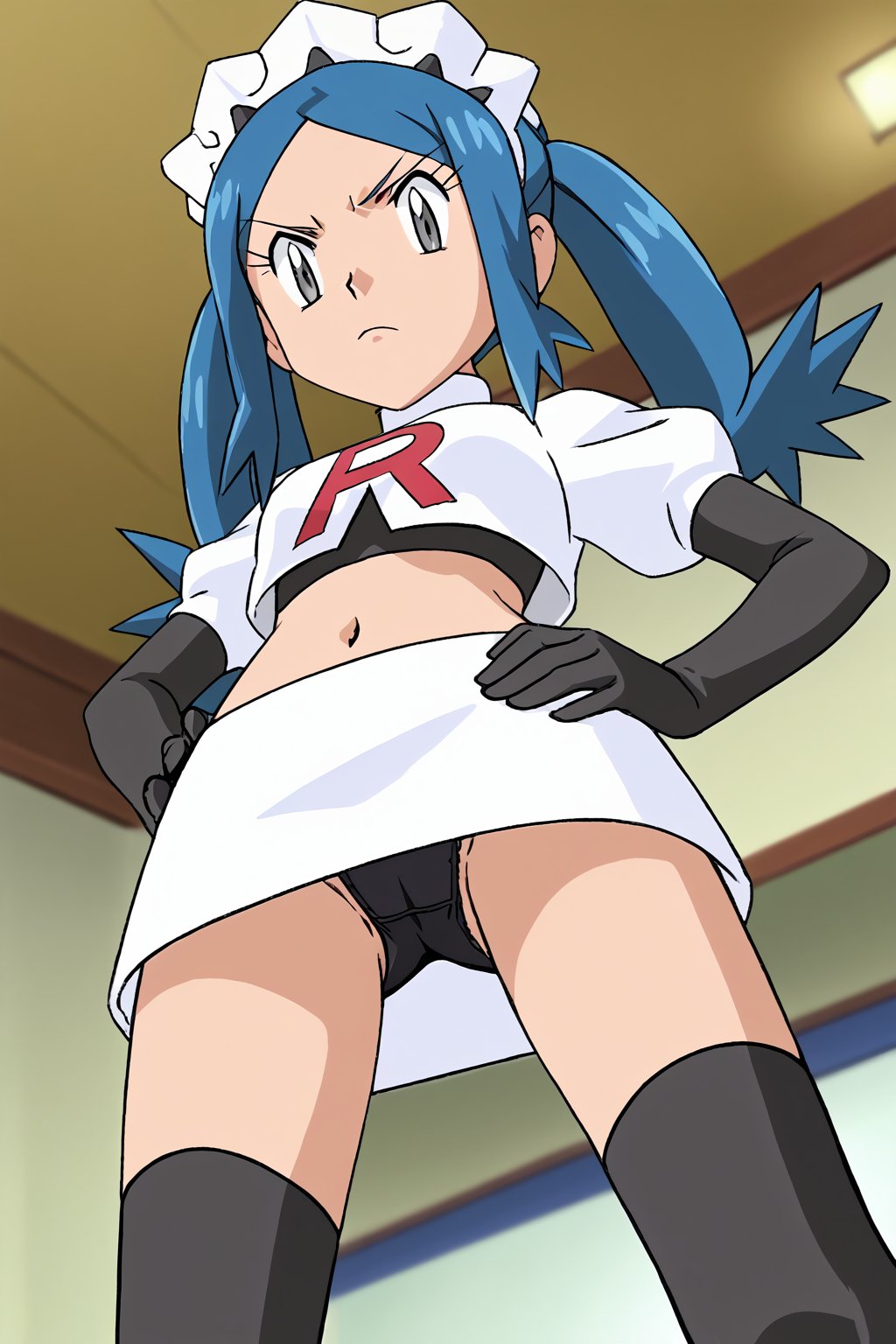 Team Rocket, cropped jacket, white jacket, crop top, jacket, gloves, black gloves, elbow gloves, navel, midriff, white skirt, miniskirt, skirt, black thighhighs,zettai ryouiki,looking down at viewer,(intricately detailed, hyperdetailed), blurry background,depth of field, best quality, masterpiece, intricate details, tonemapping, sharp focus, hyper detailed, trending on Artstation,1 girl, high res, official art,hands on hips,glaring angrily,spread legs,black panties,POKEMONSTYLE,POKEMON \(ANIME\),POKEMON \(CLASSIC ANIME\,POKEMON \(CLASSIC ANIME\),source_anime, anime screencap,viewed_from_below,flradf, grey eyes, blue hair, long hair, twintails, maid headdress