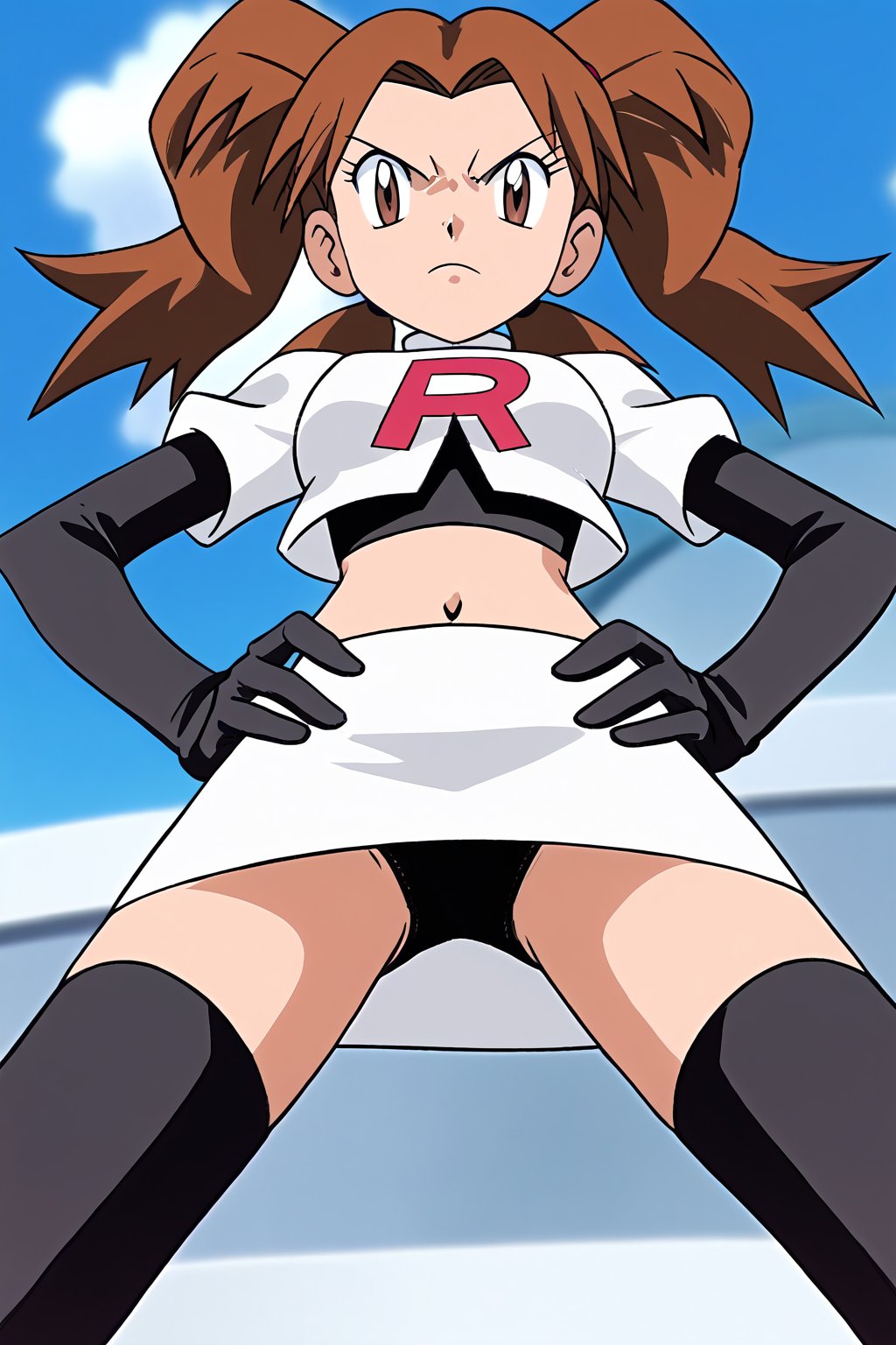 Team Rocket, cropped jacket, white jacket, crop top, jacket, gloves, black gloves, elbow gloves, navel, midriff, white skirt, miniskirt, skirt, black thighhighs,zettai ryouiki,looking down at viewer,(intricately detailed, hyperdetailed), blurry background,depth of field, best quality, masterpiece, intricate details, tonemapping, sharp focus, hyper detailed, trending on Artstation,1 girl, high res, official art,hands on hips,glaring angrily,spread legs,black panties,POKEMONSTYLE,POKEMON \(ANIME\),POKEMON \(CLASSIC ANIME\,POKEMON \(CLASSIC ANIME\),source_anime, anime screencap,viewed_from_below,kujikawadef, twintails,brown hair,brown eyes