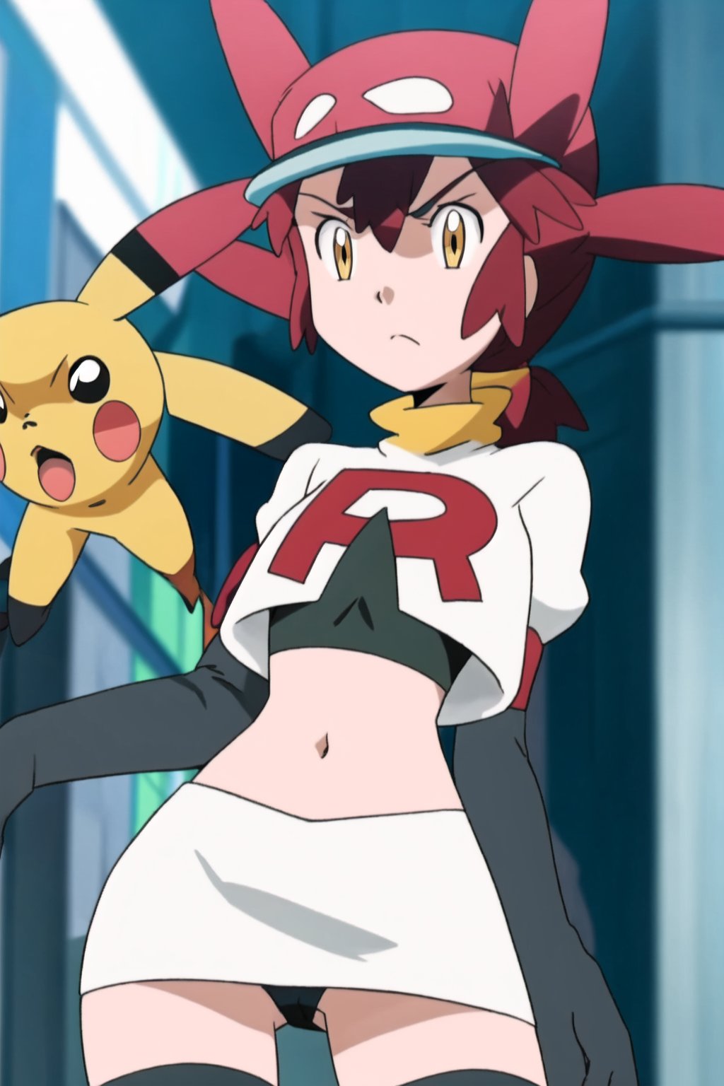 Team Rocket, cropped jacket, white jacket, crop top, jacket, gloves, black gloves, elbow gloves, navel, midriff, white skirt, miniskirt, skirt, black thighhighs, looking down at viewer,(intricately detailed, hyperdetailed), blurry background,depth of field, best quality, masterpiece, intricate details, tonemapping, sharp focus, hyper detailed, trending on Artstation,1 girl, high res, official art,hands on hps, glaring angrily,black panties,mairin_(pokemon),