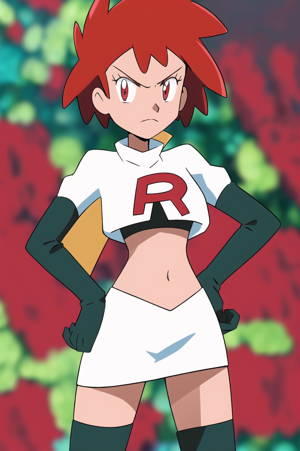 Team Rocket, cropped jacket, white jacket, crop top, jacket, gloves, black gloves, elbow gloves, navel, midriff, white skirt, miniskirt, skirt, thighhighs,looking down at viewer, (intricately detailed, hyperdetailed), blurry background,depth of field, best quality, masterpiece, intricate details, tonemapping, sharp focus, hyper detailed, trending on Artstation,1 girl, high res, official art,hands on hips,glaring angrily,zoey_(pokemon)