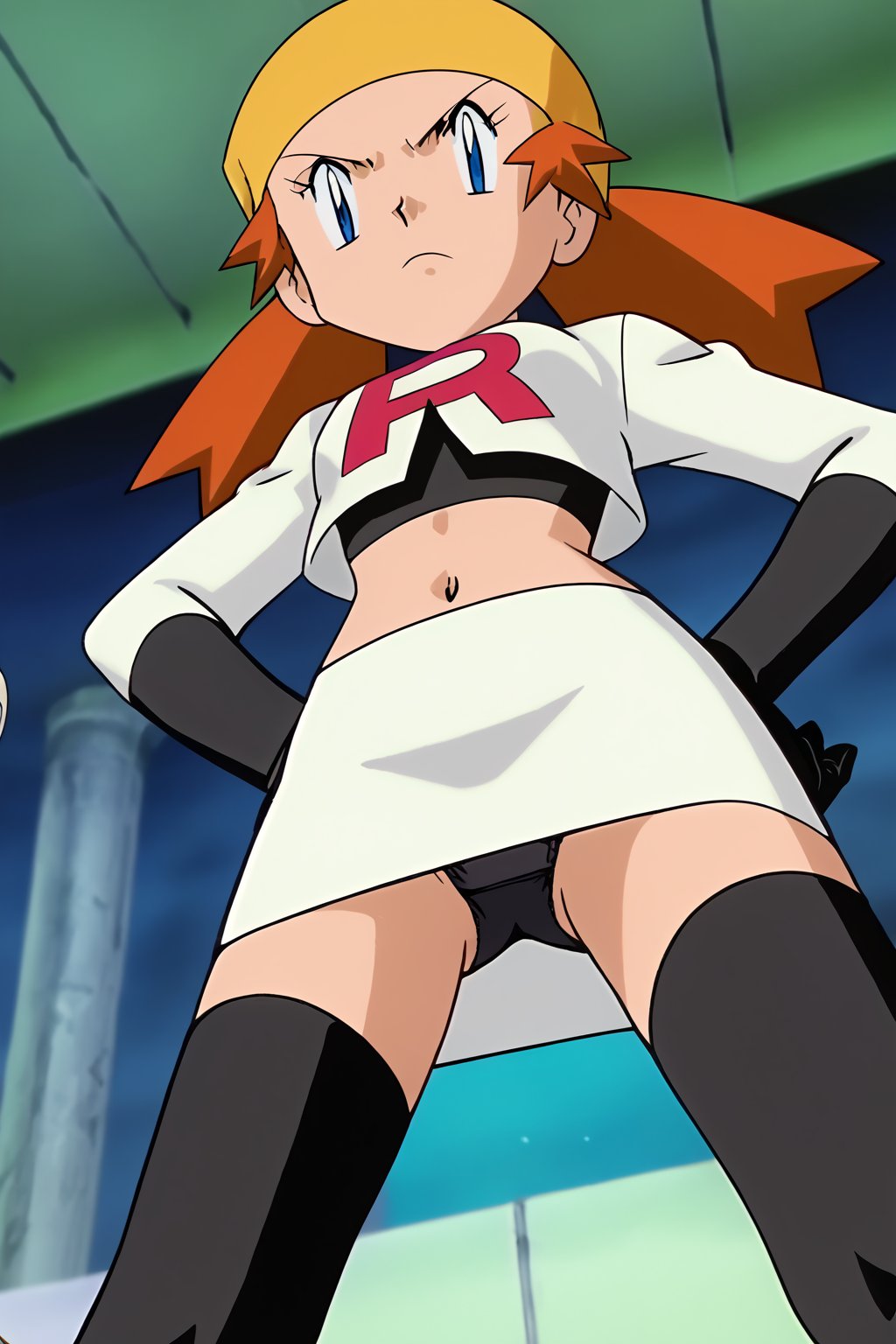 Team Rocket, cropped jacket, white jacket, crop top, jacket, gloves, black gloves, elbow gloves, navel, midriff, white skirt, miniskirt, skirt, black thighhighs,zettai ryouiki,looking down at viewer,(intricately detailed, hyperdetailed), blurry background,depth of field, best quality, masterpiece, intricate details, tonemapping, sharp focus, hyper detailed, trending on Artstation,1 girl, high res, official art,hands on hips,glaring angrily,spread legs,black panties,POKEMONSTYLE,POKEMON \(ANIME\),POKEMON \(CLASSIC ANIME\,POKEMON \(CLASSIC ANIME\),source_anime, anime screencap,viewed_from_below, melodyPkmnXL,bandanna