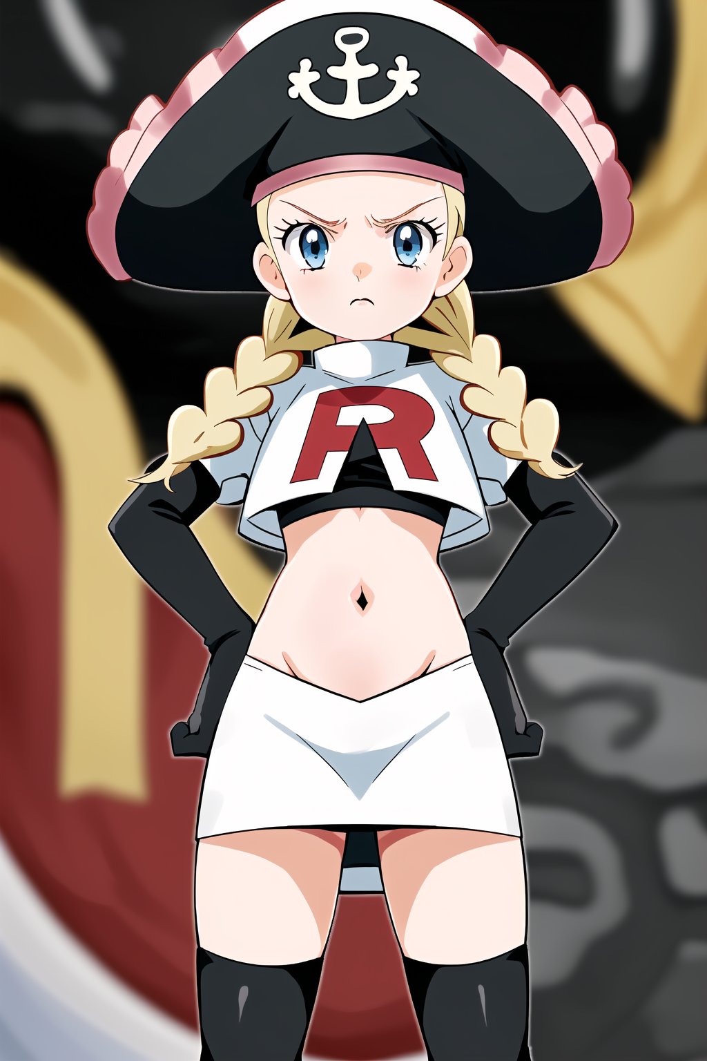 Team Rocket, cropped jacket, white jacket, crop top, jacket, gloves, black gloves, elbow gloves, navel, midriff, white skirt, miniskirt, skirt, black thighhighs, looking down at viewer,(intricately detailed, hyperdetailed), blurry background,depth of field, best quality, masterpiece, intricate details, tonemapping, sharp focus, hyper detailed, trending on Artstation,1 girl, high res, official art,hands on hips,glaring angrily,black panties,anime style,Patty Fleur,blonde hair, twin braids, blue eyes, young, child, pirate hat