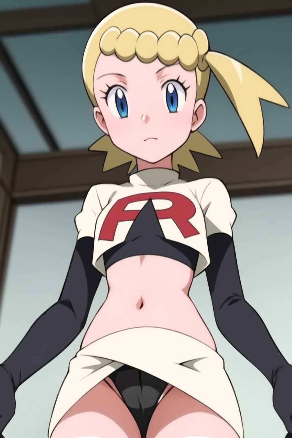 Team Rocket, cropped jacket, white jacket, crop top, jacket, gloves, black gloves, elbow gloves, navel, midriff, white skirt, miniskirt, skirt, black thighhighs, looking down at viewer,(intricately detailed, hyperdetailed), blurry background,depth of field, best quality, masterpiece, intricate details, tonemapping, sharp focus, hyper detailed, trending on Artstation,1 girl, high res, official art,hands on hps,black panties,Bonnie,1girl,bonnie,short hair,BLONDE,side ponytail,blue eyes,eyelashes,blue e