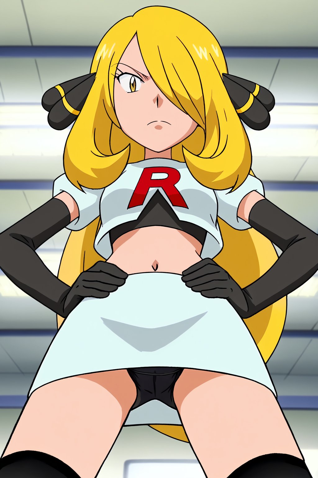 Team Rocket, cropped jacket, white jacket, crop top, jacket, gloves, black gloves, elbow gloves, navel, midriff, white skirt, miniskirt, skirt, black thighhighs,zettai ryouiki,looking down at viewer,(intricately detailed, hyperdetailed), blurry background,depth of field, best quality, masterpiece, intricate details, tonemapping, sharp focus, hyper detailed, trending on Artstation,1 girl, high res, official art,hands on hips,glaring angrily,spread legs,black panties,POKEMONSTYLE,POKEMON \(ANIME\),POKEMON \(CLASSIC ANIME\,POKEMON \(CLASSIC ANIME\),source_anime, anime screencap,viewed_from_below,BLONDE HAIR,POKEMONCYNTHIA,HAIR ORNAMENT, HAIR OVER ONE EYE, LONG HAIR, YELLOW EYES,