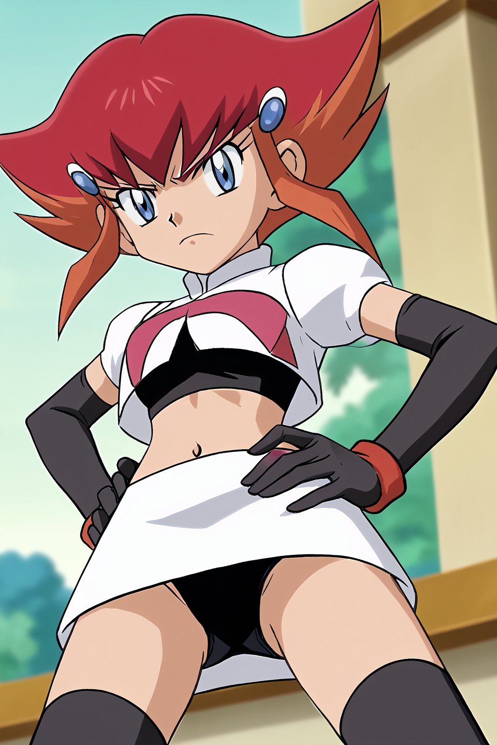 Team Rocket, cropped jacket, white jacket, crop top, jacket, gloves, black gloves, elbow gloves, navel, midriff, white skirt, miniskirt, skirt, black thighhighs,zettai ryouiki,looking down at viewer,(intricately detailed, hyperdetailed), blurry background,depth of field, best quality, masterpiece, intricate details, tonemapping, sharp focus, hyper detailed, trending on Artstation,1 girl, high res, official art,hands on hips,glaring angrily,spread legs,black panties,POKEMONSTYLE,POKEMON \(ANIME\),POKEMON \(CLASSIC ANIME\,POKEMON \(CLASSIC ANIME\),source_anime, anime screencap,viewed_from_below,anna(yugioh)