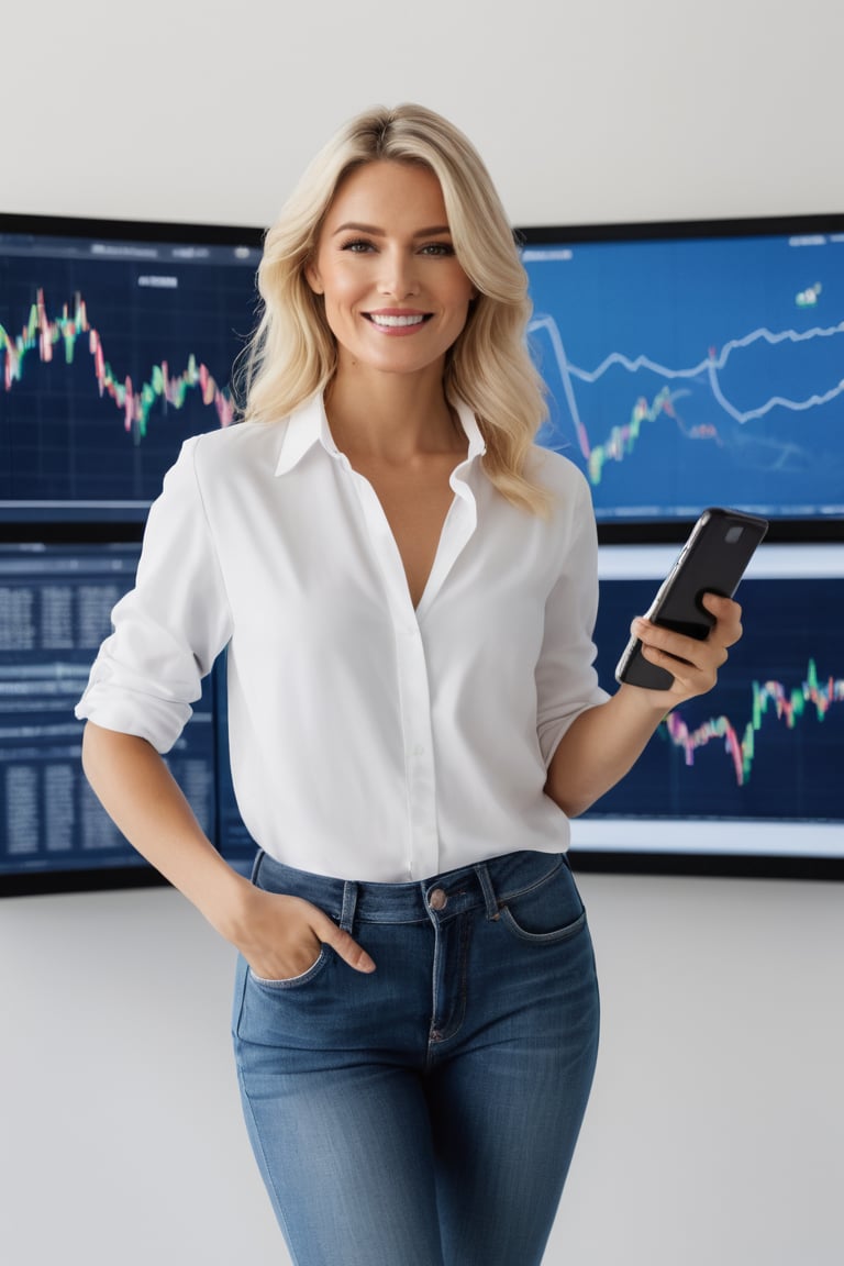 A dynamic cinematic illustration frames a confident Slavic woman, aged 39, with radiant blonde hair, standing against a crisp white backdrop. She exudes strength as she holds a sleek smartphone, navigating Europe's online investment landscape. A vibrant display of stock market charts swirls behind her, symbolizing her commitment to financial growth. Her trendy outfit, consisting of an oversized white shirt and tailored blue jeans, showcases her fashion sense. With a bright smile, she embodies the empowered contemporary woman, poised for a promising future as she seizes new opportunities and confronts challenges in finance.