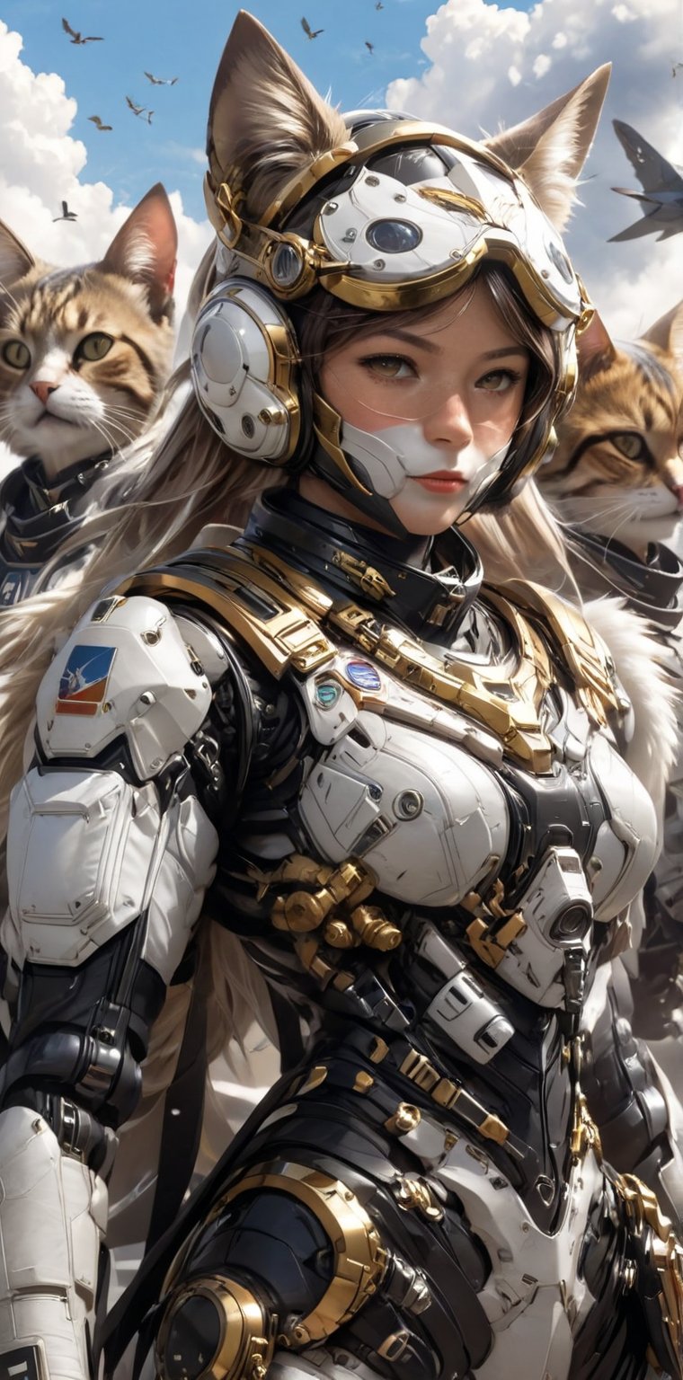 female team, animal ears, female focus, sky, cloud, uniform, collar, military, military uniform, bird, animal, cat, helmet, goggles, furry, aircraft group, , whiskers, flight_suit
