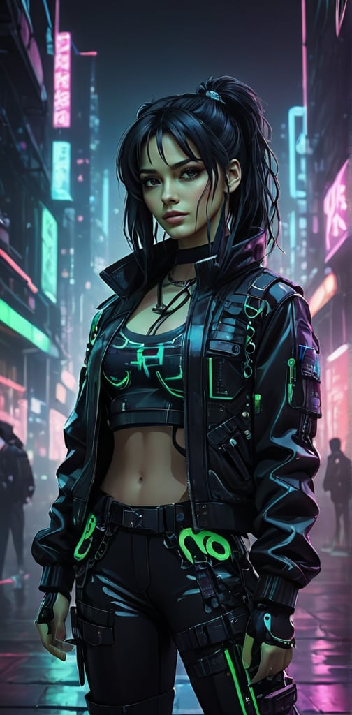 A photographic style of a female character in a graffitipunk setting, standing frontally in the center. She has long, dark hair and a high-tech mask with green neon lights. Her attire includes a black cropped top with neon green highlights, a black jacket with straps, fishnet details on the waist, and black pants with protective gear. A katana is slung across her back. The urban background is illuminated with blue-tinted light, featuring vertical structures and hanging wires, with small glowing lights floating around. Created Using: cyberpunk aesthetics, high-resolution camera, intricate detailing, neon lighting, urban textures, high contrast, dystopian vibe, soft shadows, hd quality, vivid style, cinematic, dark fantasy, graffiti