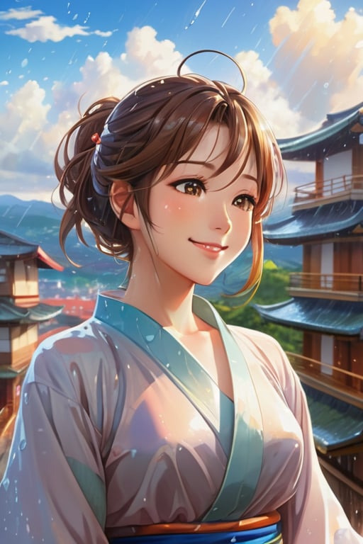 A beautifully rendered anime painting depicting a young woman basking in the rain under a sunny sky. She has her arms outstretched, eyes closed, and a serene smile on her face. Droplets of water glisten on her skin and clothing, enhancing the vibrant colors. The background features a cityscape with a mix of modern and traditional architecture. The overall atmosphere of the painting exudes a sense of freedom, joy, and rejuvenation., anime, painting