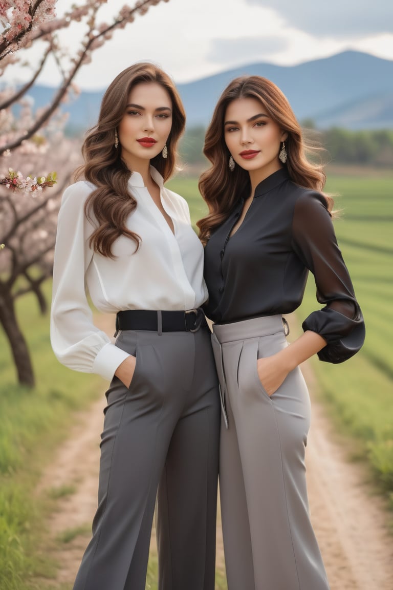 Caucasian women, aged 20, with long wavy brown hair. They each wear a contemporary and stylish ensemble, consisting of fashionable pants and a chic Chut Thai blouse. One woman is dressed in a elegant gray outfit, while the other dons a striking black and red ensemble. Both looks are exquisite, elegant, and beautiful. The background features a picturesque field of blossoming trees, capturing the joy of spring. The models embody the spirit of the season, radiating happiness and style.